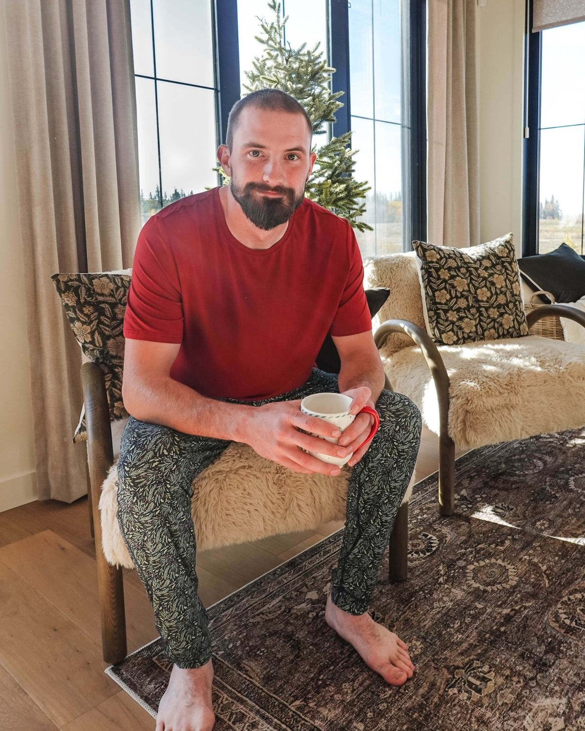 Bob's Sleepwear Co. Bamboo Sleep Tee Red lifestyle model — Cloud Nine Pajamas Edmonton