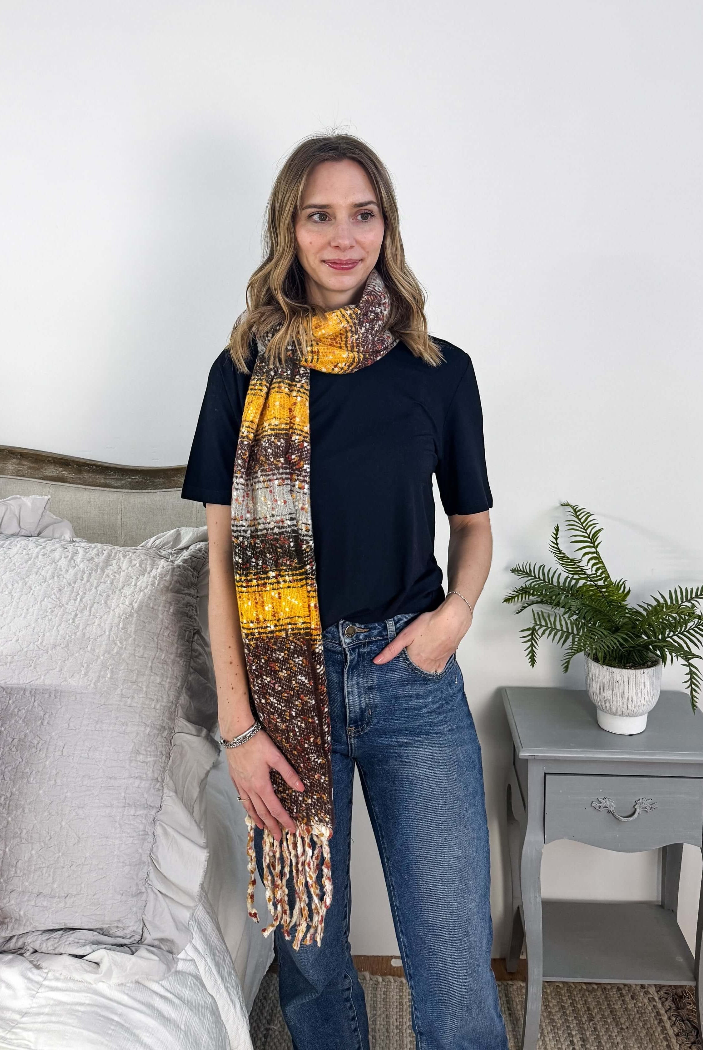 yellow and brown striped knit oversized soft blanket scarf with tassles