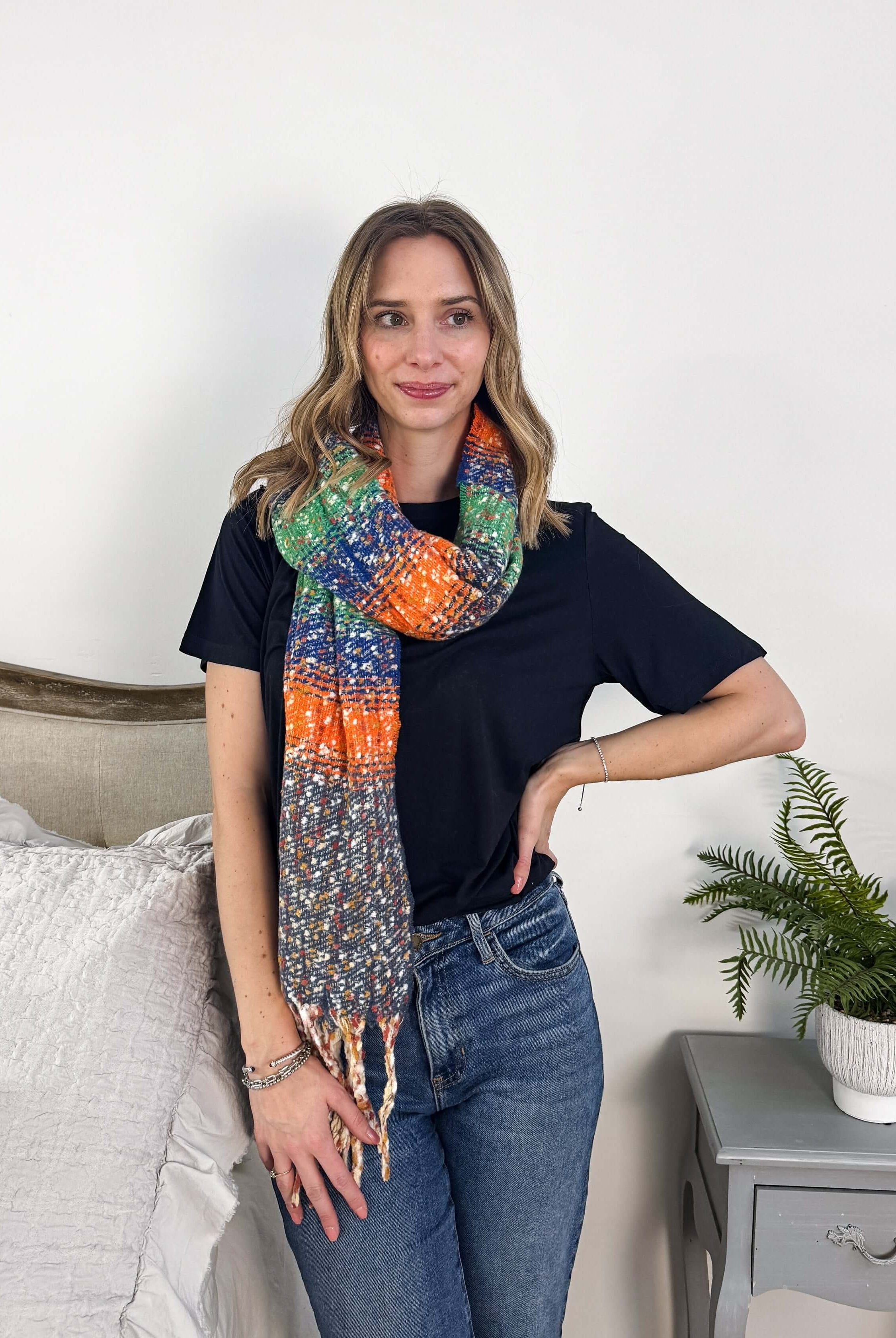 orange, blue and green striped knit oversized soft blanket scarf with tassles