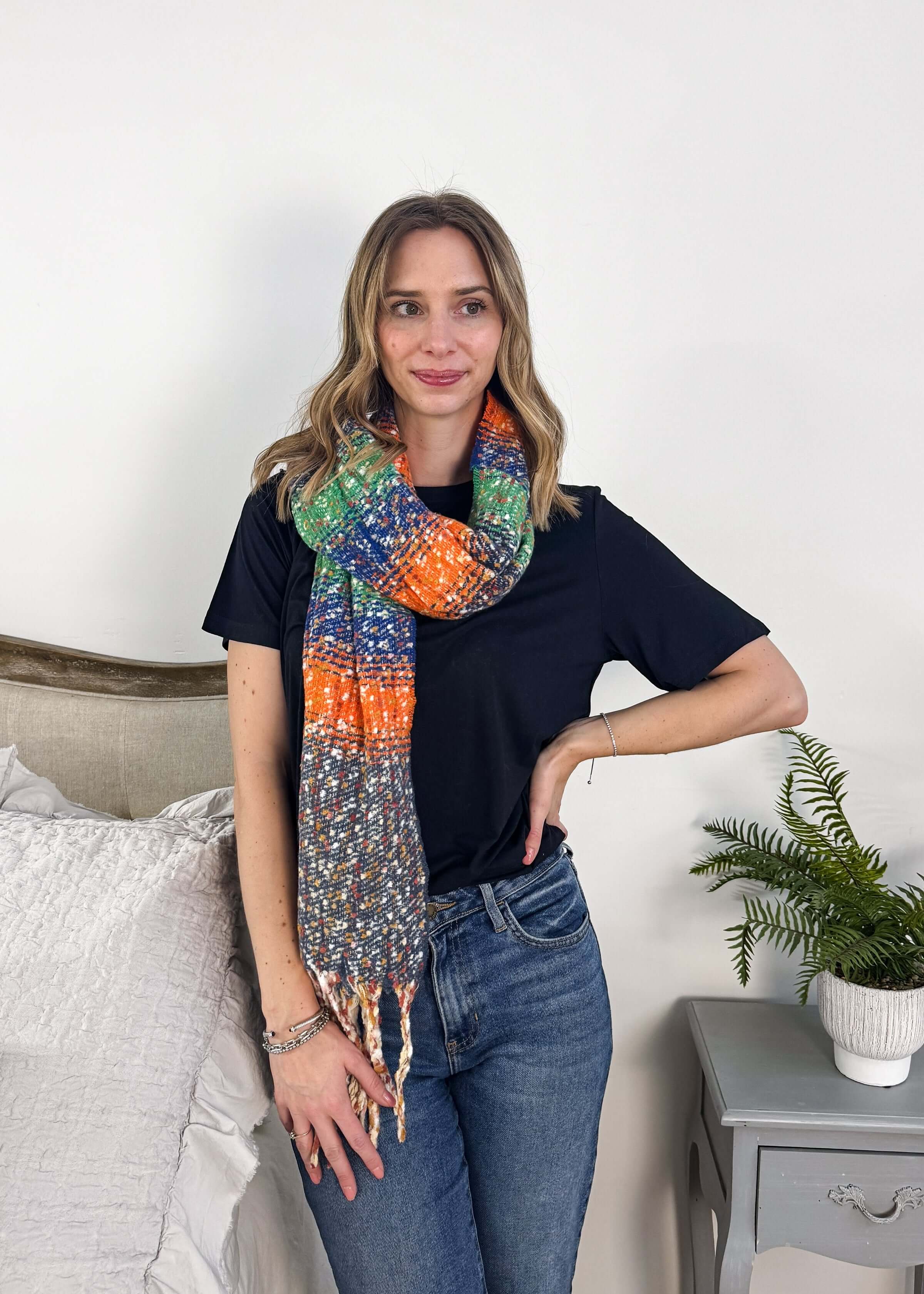 orange, blue and green striped knit oversized soft blanket scarf with tassles