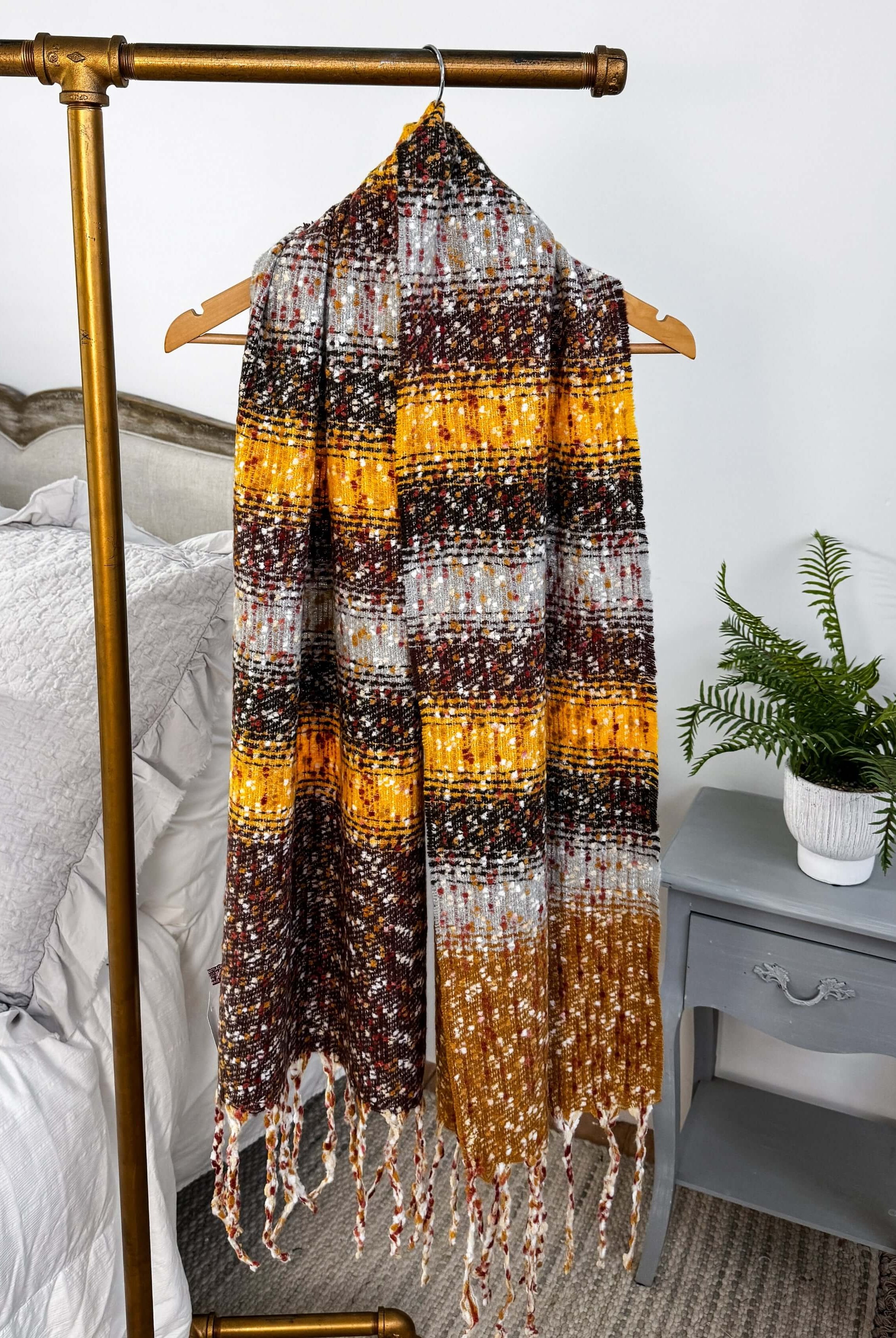 yellow and brown striped knit oversized soft blanket scarf with tassles
