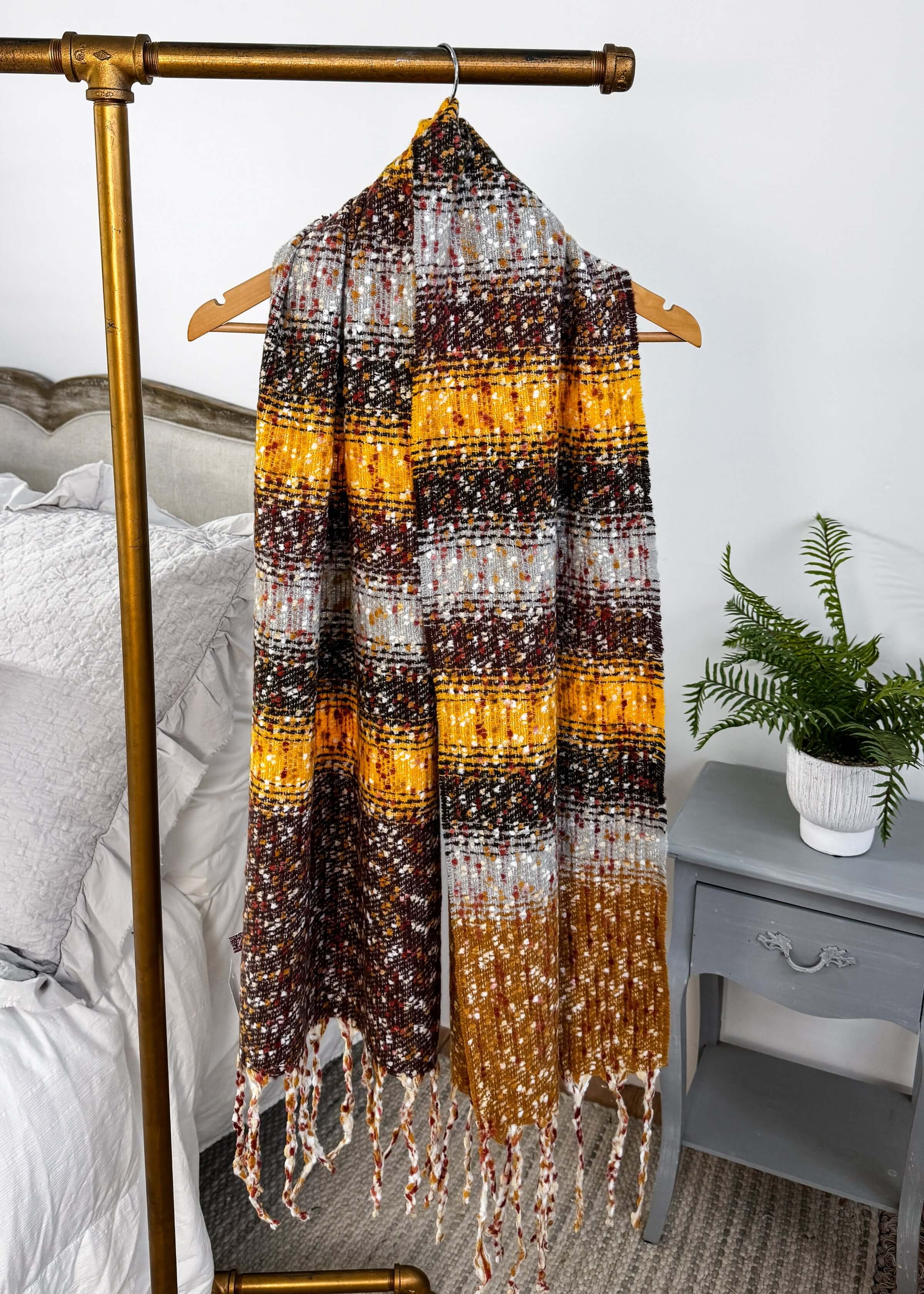 yellow and brown striped knit oversized soft blanket scarf with tassles