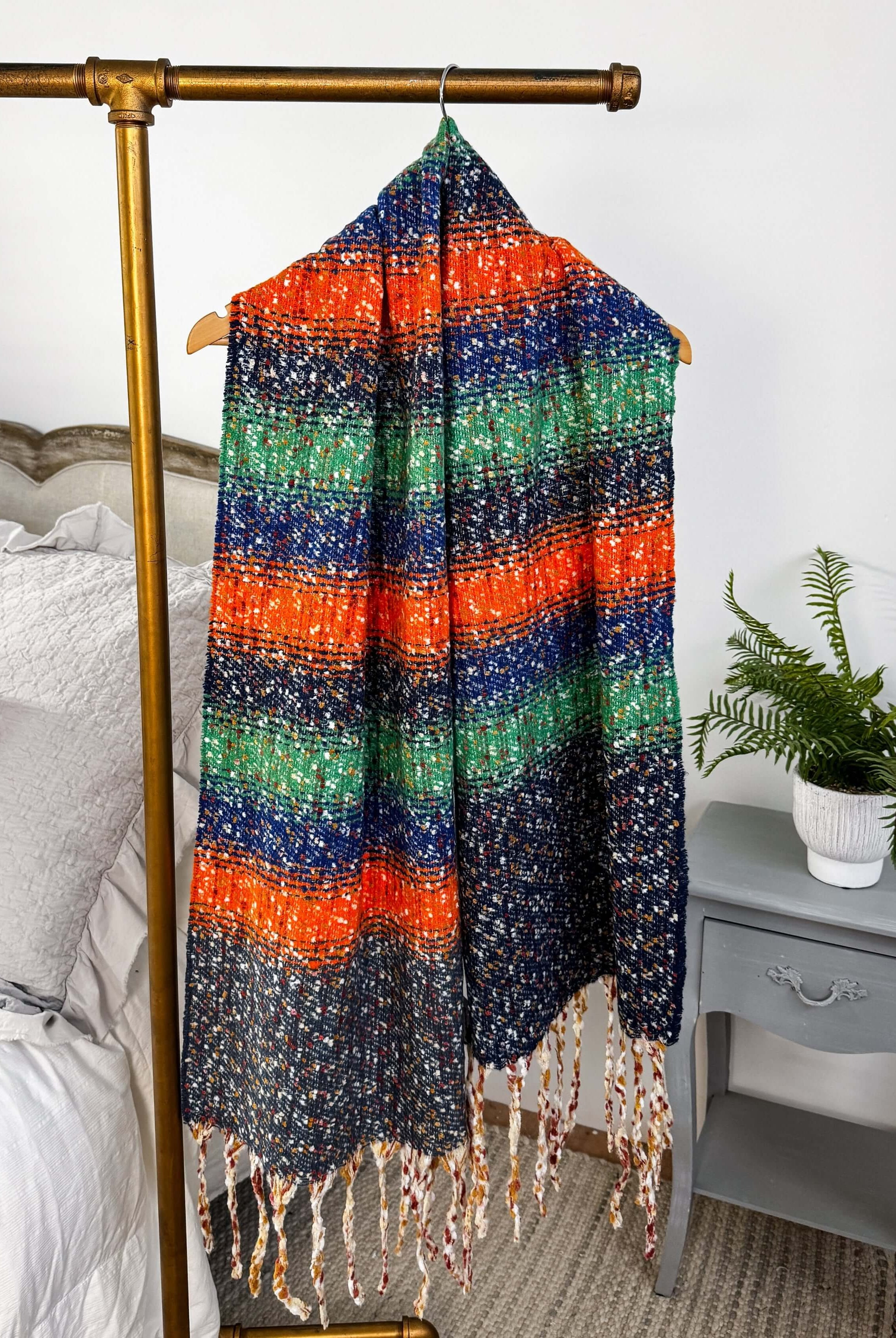 orange, blue and green striped knit oversized soft blanket scarf with tassles