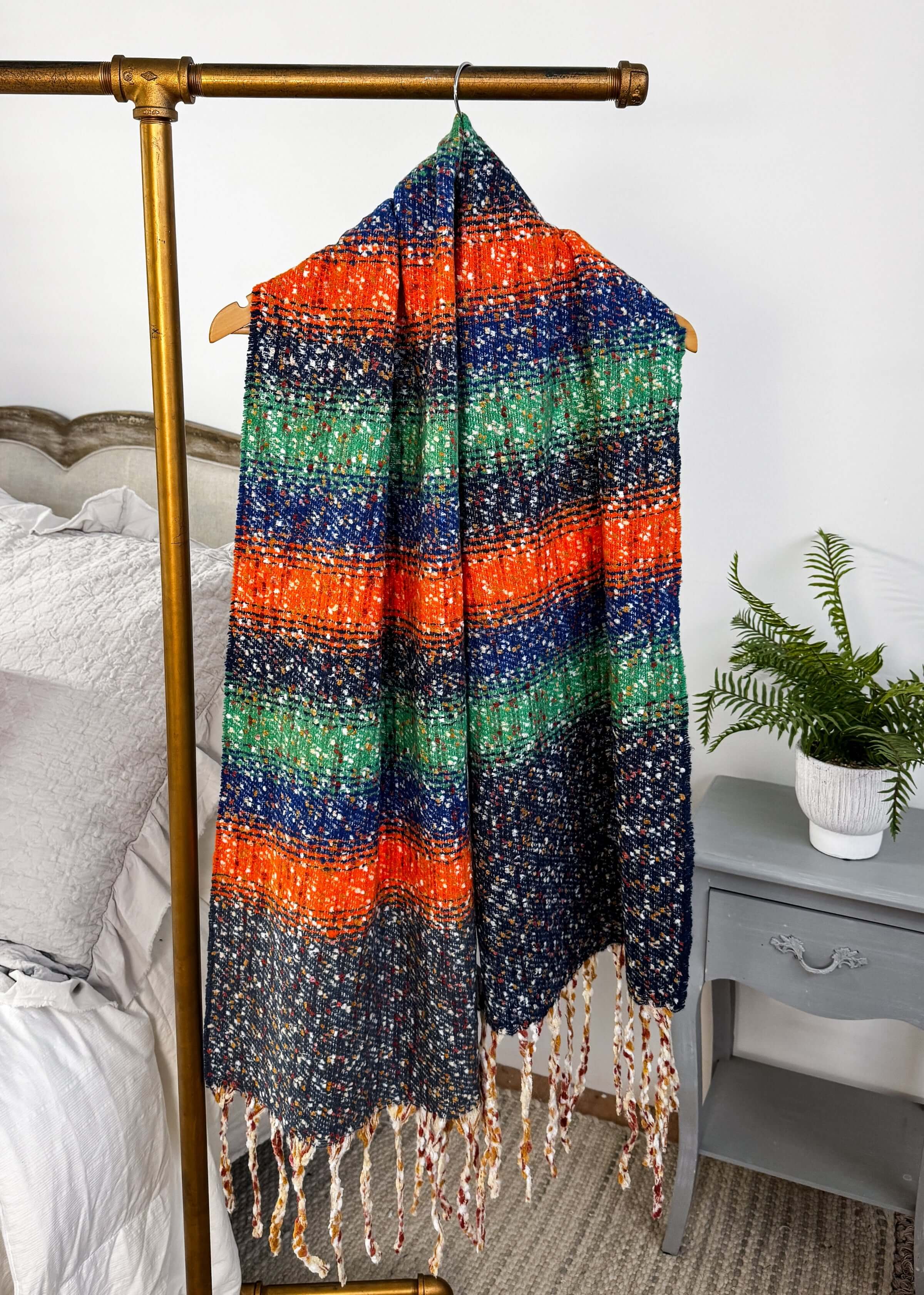 orange, blue and green striped knit oversized soft blanket scarf with tassles