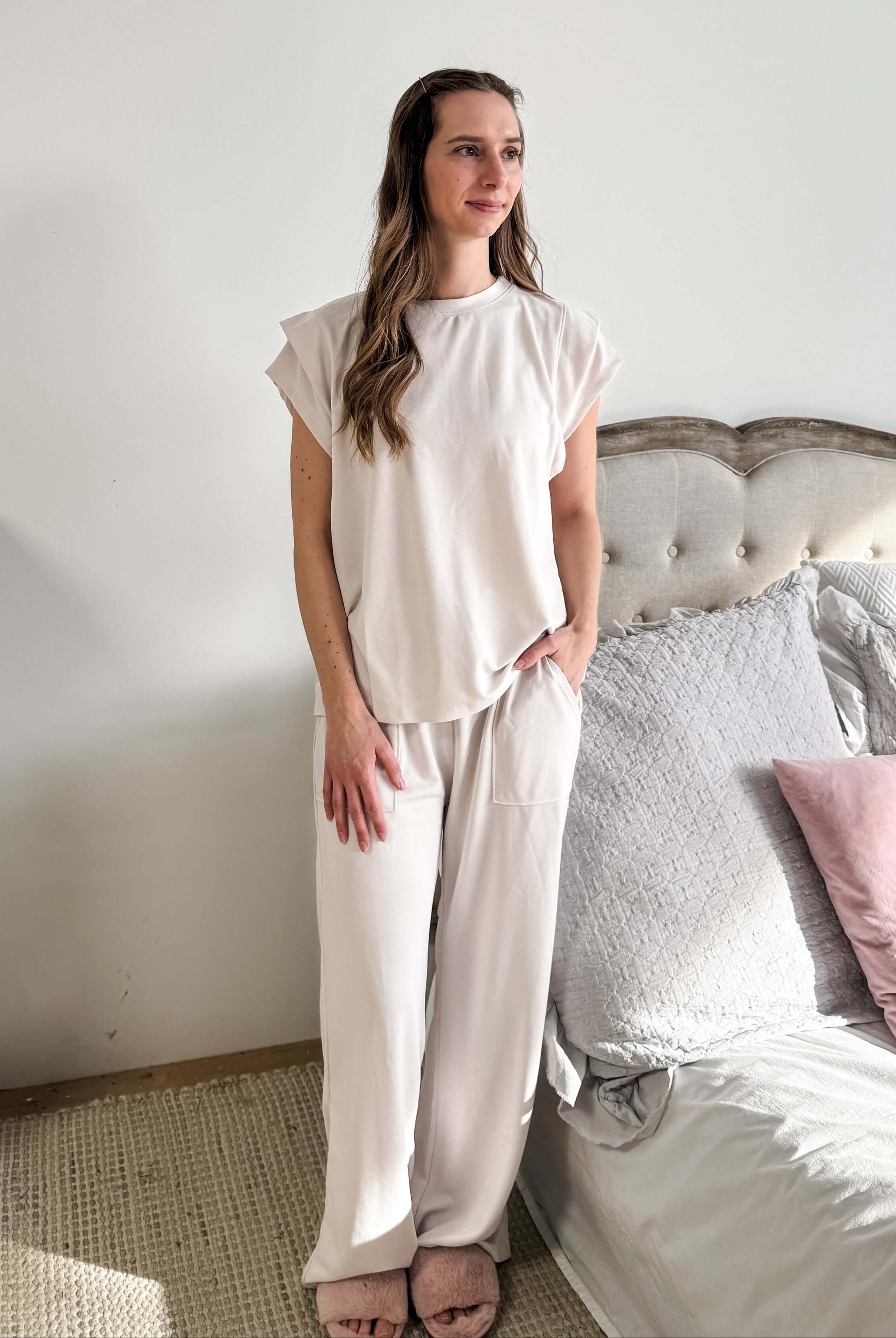 PJ Modal Tee/Wide Leg Pant Set Cream