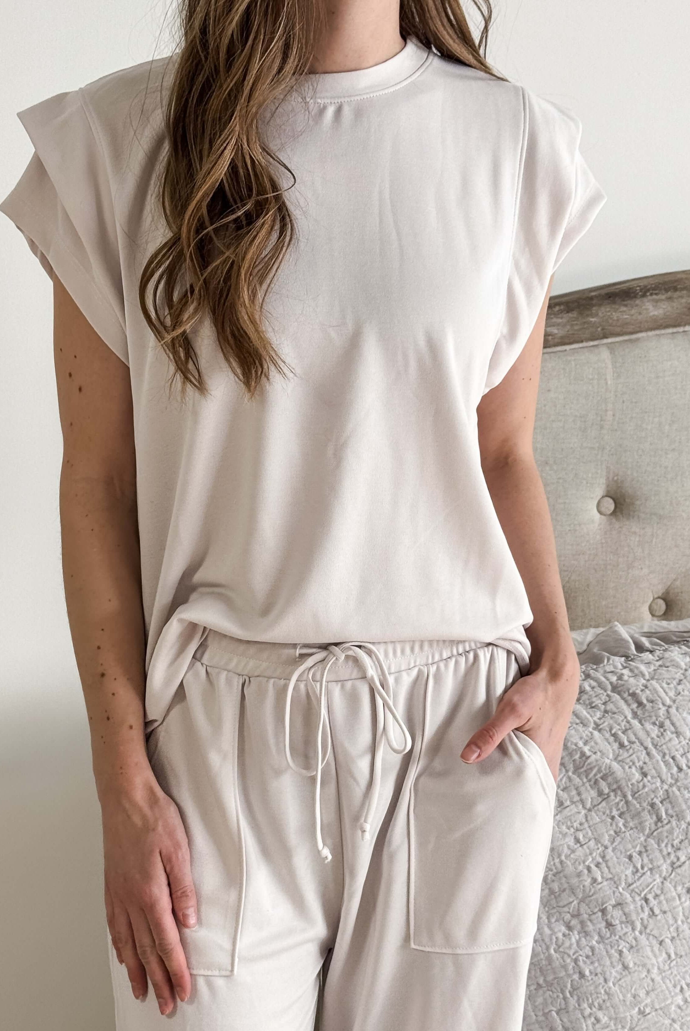 PJ Modal Tee/Wide Leg Pant Set Cream