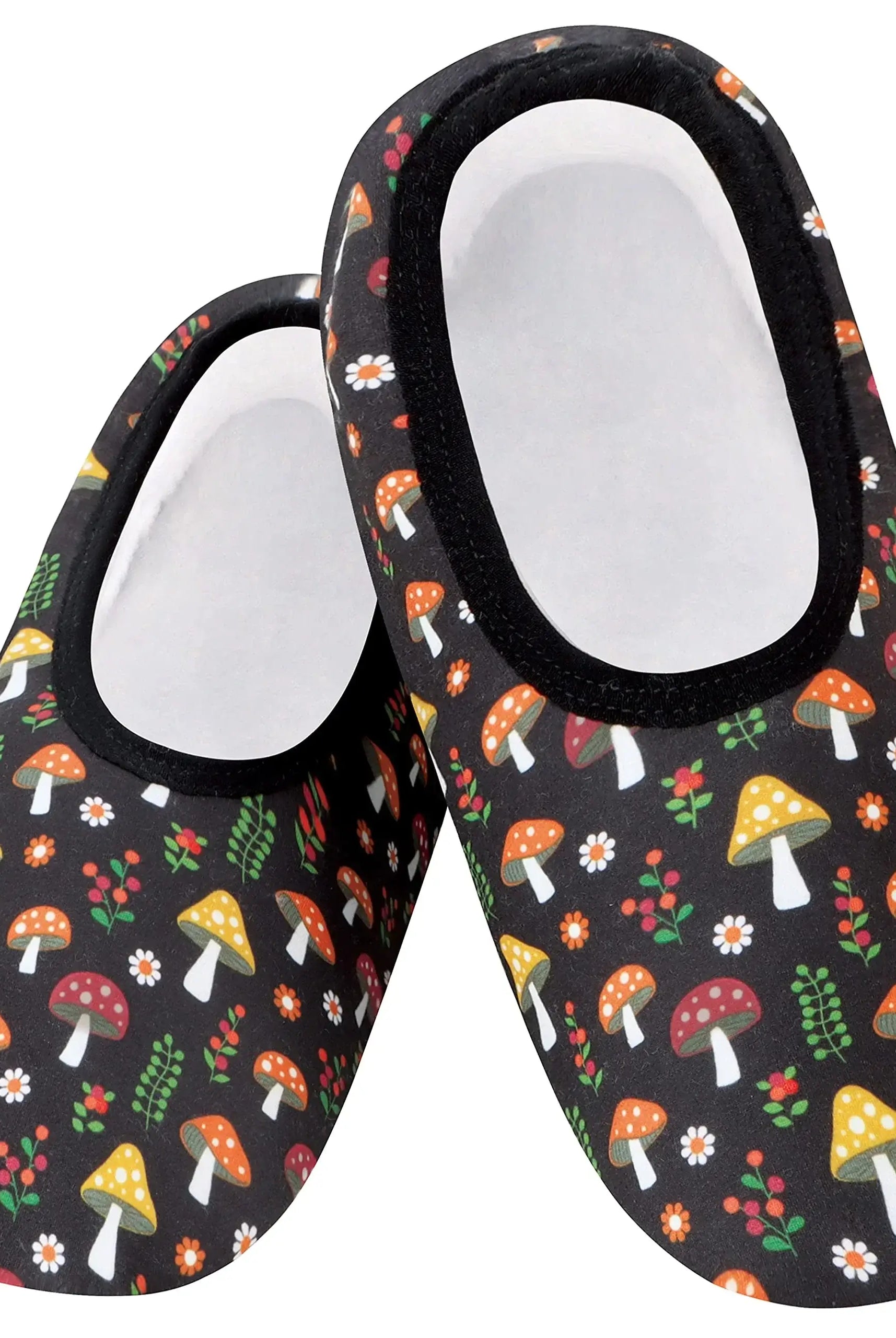 Snoozies Skinnies Lightweight Slipper Socks in Black Mushrooms Print - Non-skid Soles