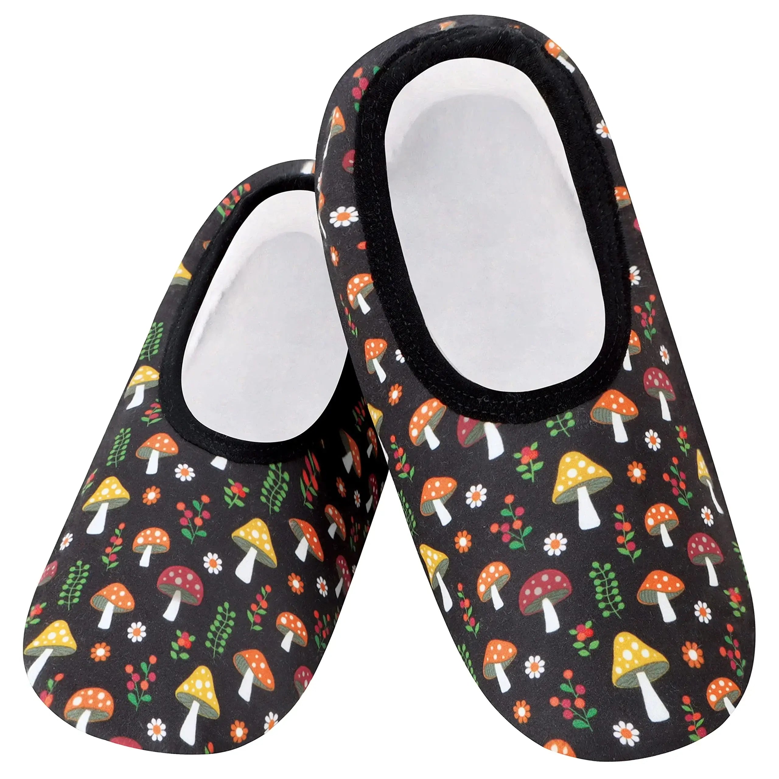 Snoozies Skinnies Lightweight Slipper Socks in Black Mushrooms Print - Non-skid Soles
