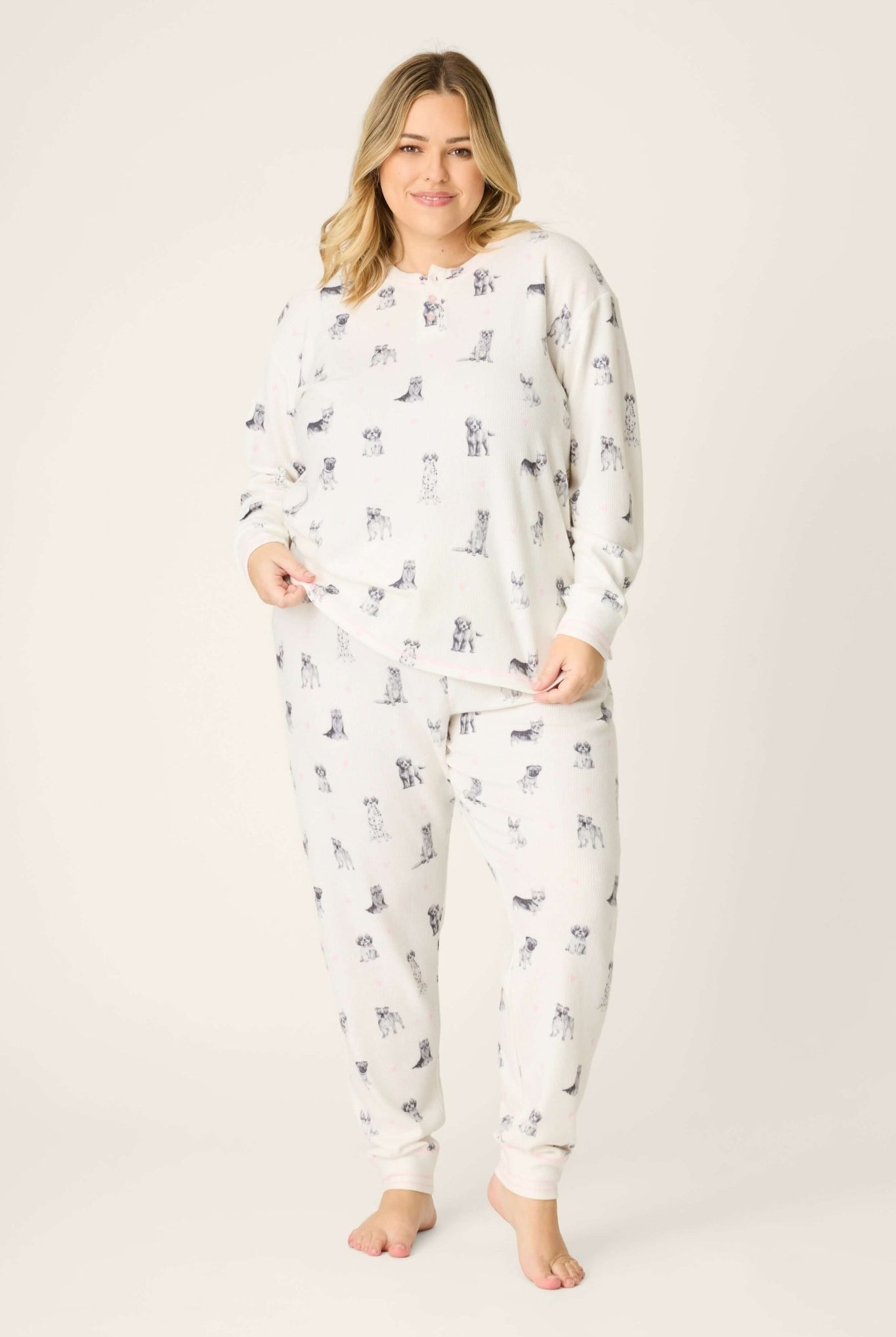 My Dog is my Valentine Peachy Jersey Jogger Set PJ Salvage featuring playful dog prints and heart sunglasses.