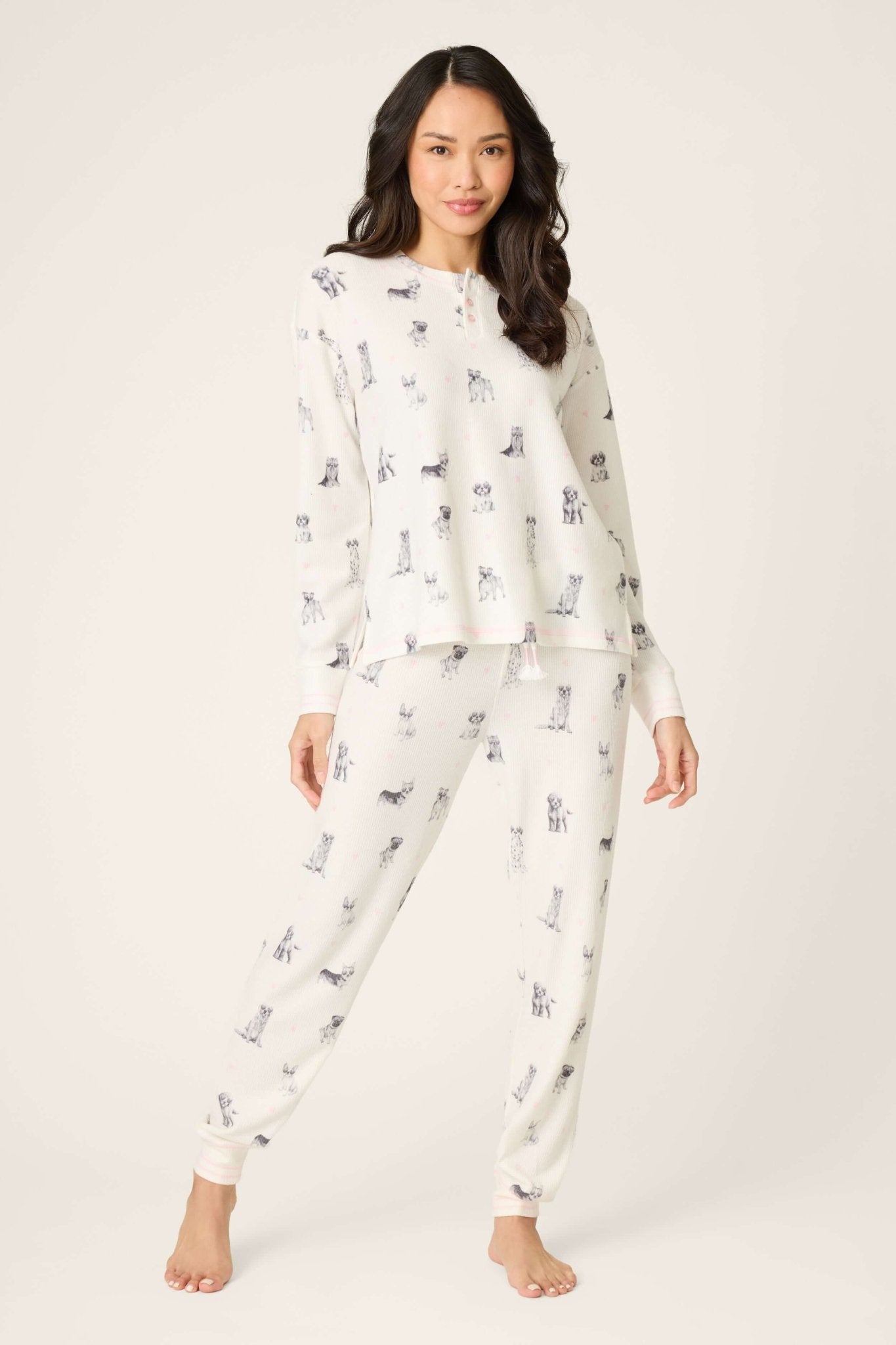 My Dog is my Valentine Peachy Jersey Jogger Set PJ Salvage in ivory with playful dog print and pink heart sunglasses.