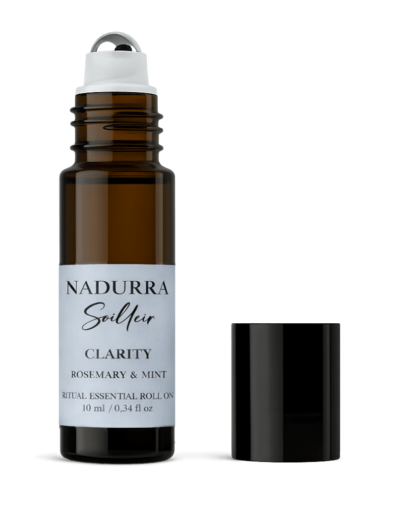 Nadurra Seilleir Clarity Rosemary & Minth essential oil roll-on bottle on a black background