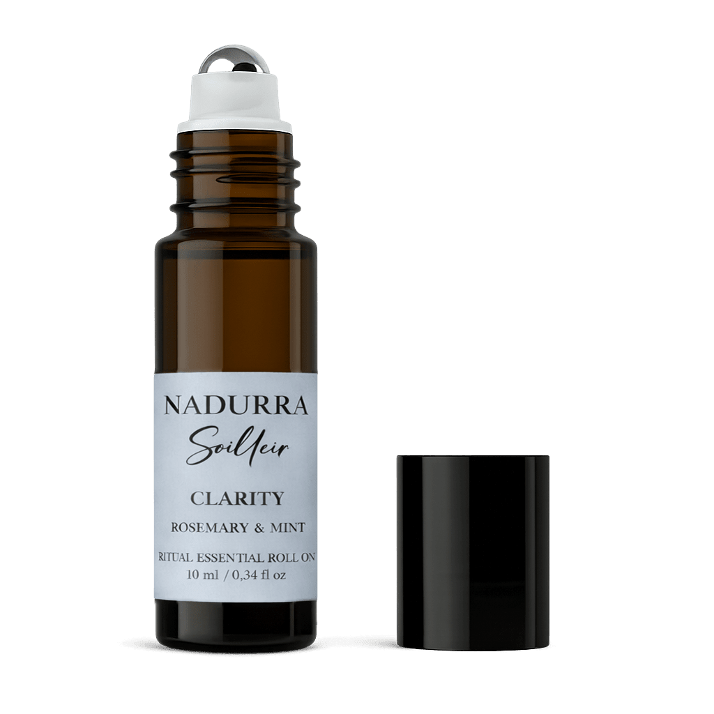 Nadurra Seilleir Clarity Rosemary & Minth essential oil roll-on bottle on a black background