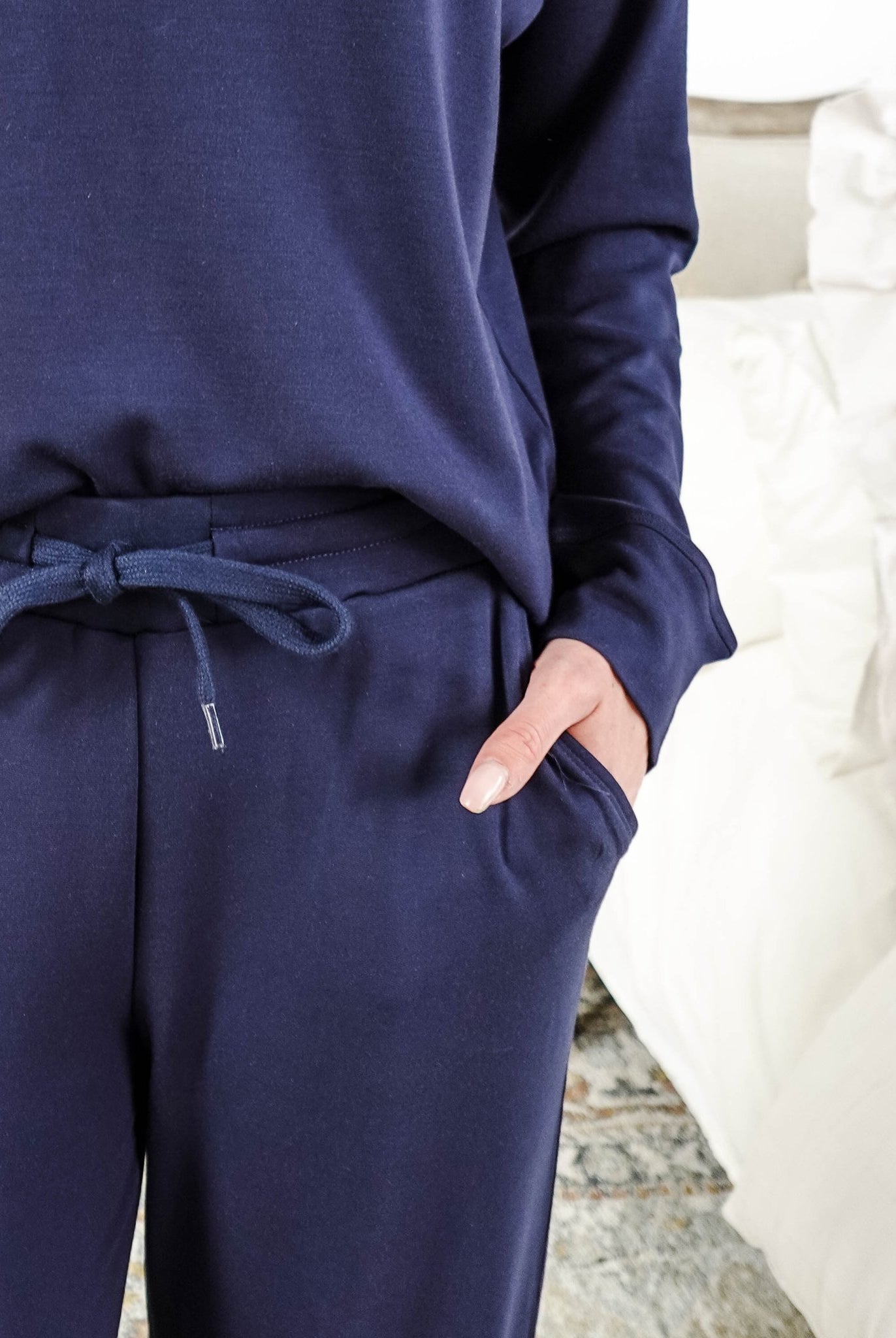 Navy Cloud Soft Raw Edge Straight Pant Bamboo Lounge Set