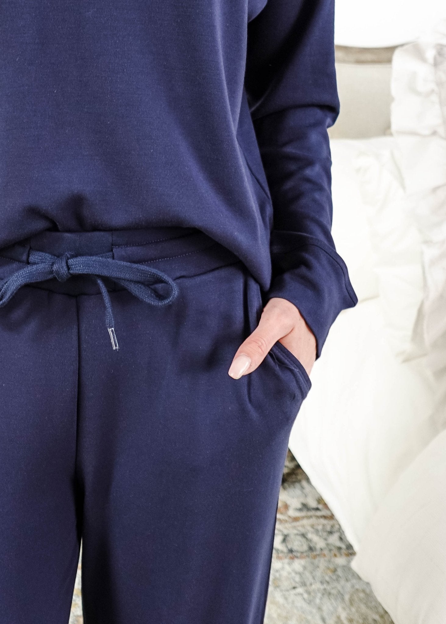 Navy Cloud Soft Raw Edge Straight Pant Bamboo Lounge Set