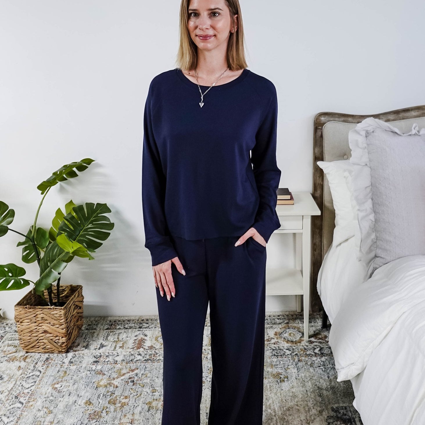 Navy Cloud Soft Raw Edge Straight Pant Bamboo Lounge Set