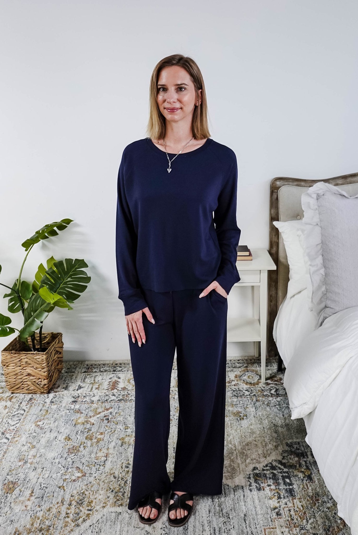 Navy Cloud Soft Raw Edge Straight Pant Bamboo Lounge Set