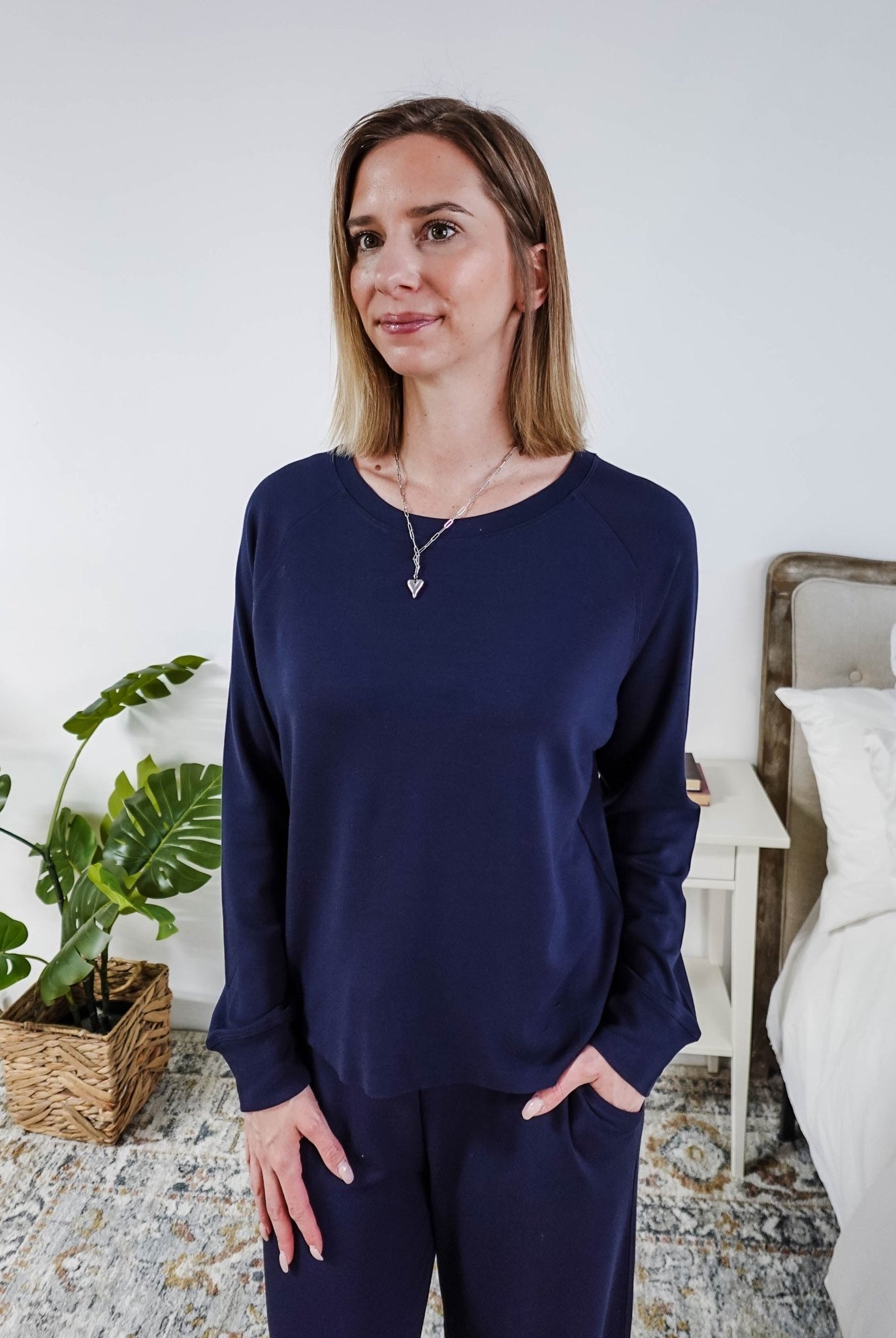 Navy Cloud Soft Raw Edge Straight Pant Bamboo Lounge Set