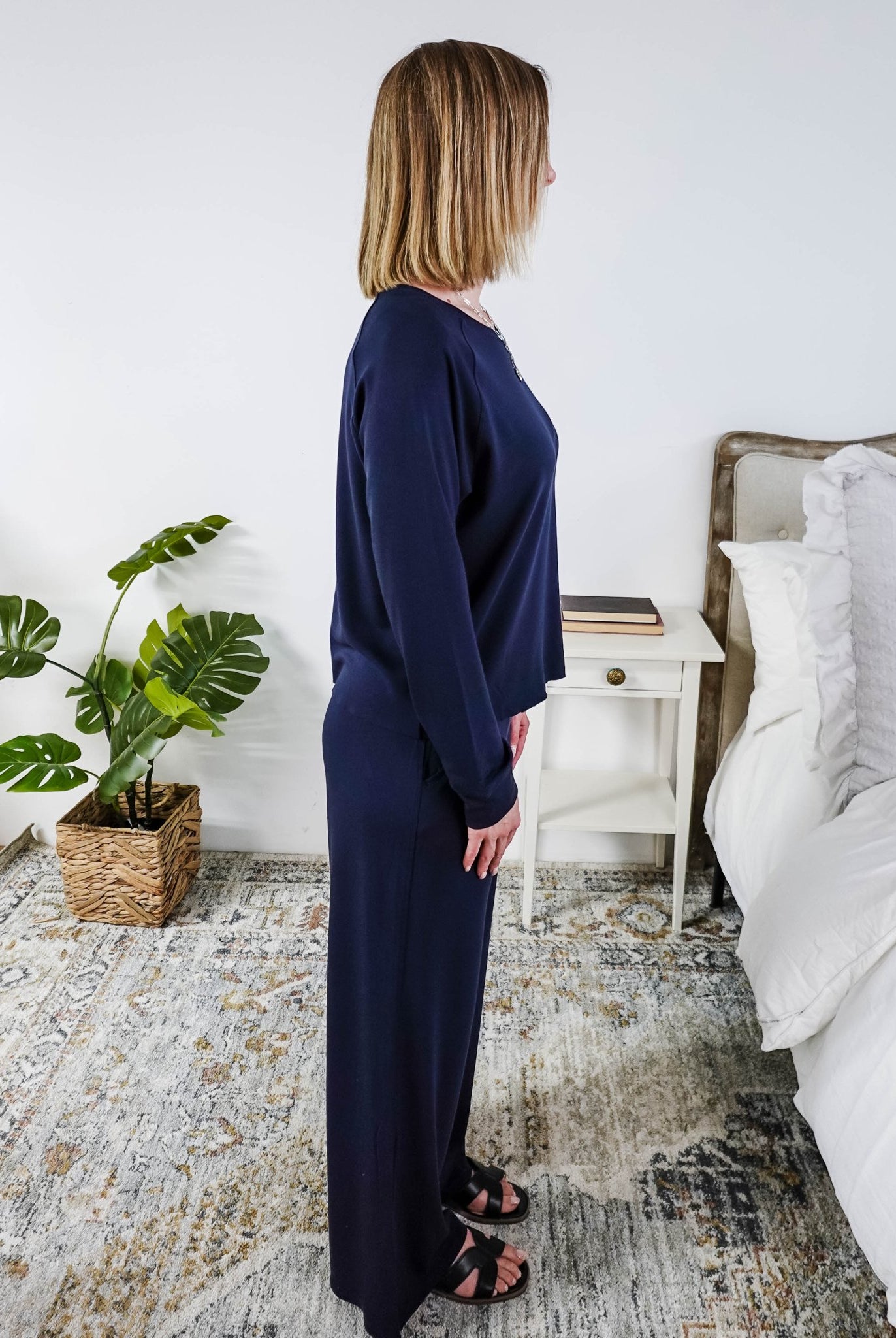 Navy Cloud Soft Raw Edge Straight Pant Bamboo Lounge Set
