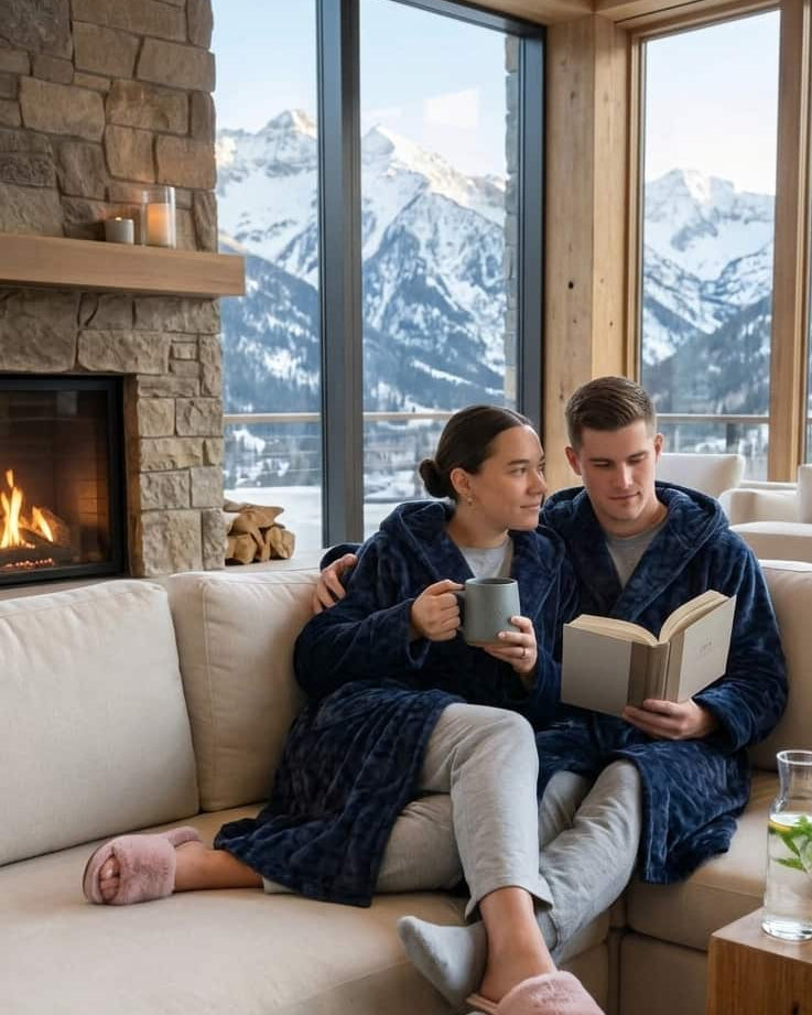Long Navy Hooded Fleece Robe for Men and Women, lifestyle photo of couple sitting at a mountain lodge in the matching robes - Cloud Nine Pajamas