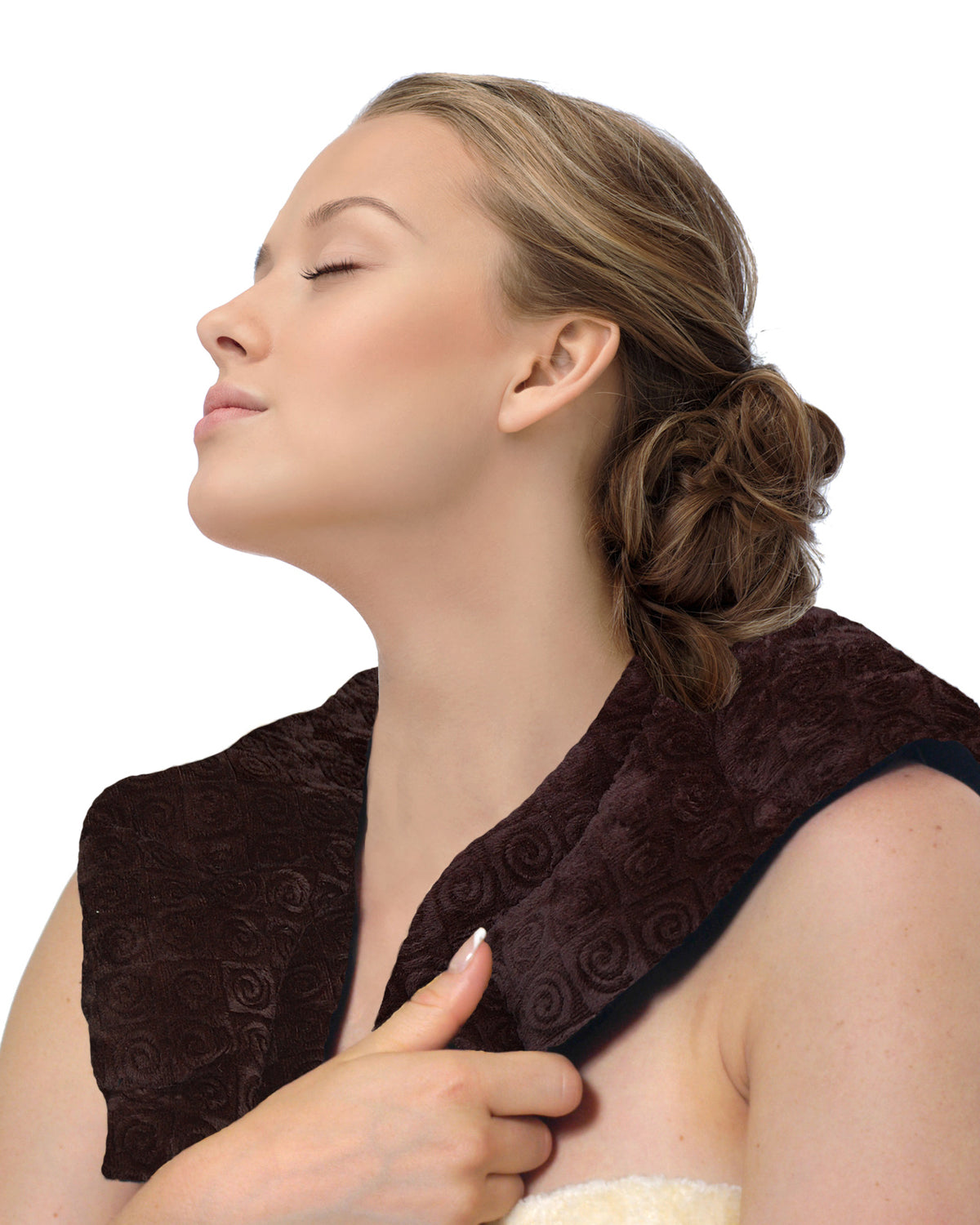 Warm Buddy Ultra Shoulder Wrap Chocolate fabric draped on shoulders — Cloud Nine Pajamas Edmonton