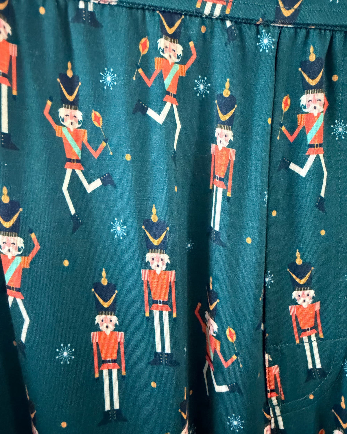Bob's Sleepwear Co. Nutcracker Teal print swatch bamboo fabric — Cloud Nine Pajamas Edmonton