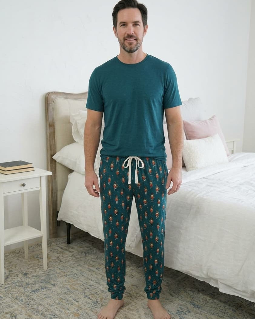 Bob's Sleepwear Co. Nutcracker Teal Bamboo Jogger Pant front view — Cloud Nine Pajamas Edmonton