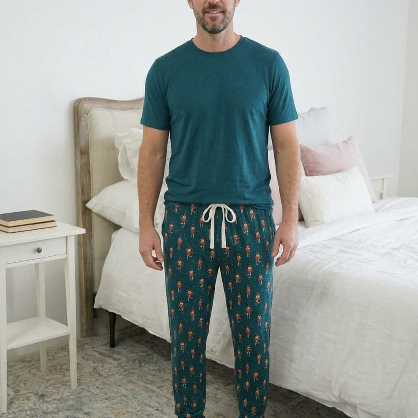 Bob's Sleepwear Co. Nutcracker Teal Bamboo Jogger Pant front view — Cloud Nine Pajamas Edmonton