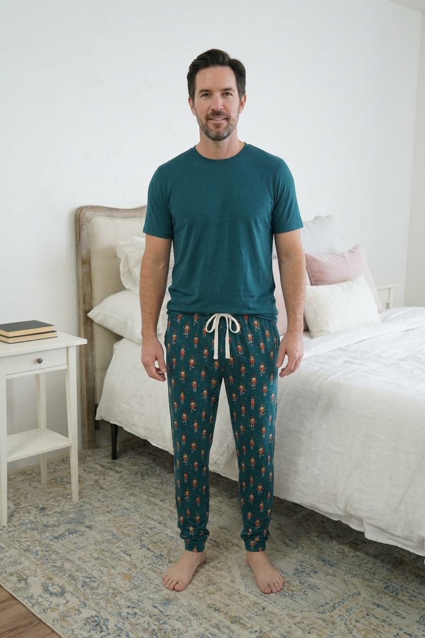 Bob's Sleepwear Co. Nutcracker Teal Bamboo Jogger Pant front view — Cloud Nine Pajamas Edmonton