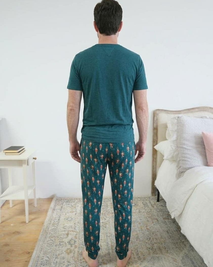 Bob's Sleepwear Co. Nutcracker Teal print swatch bamboo fabric — Cloud Nine Pajamas Edmonton