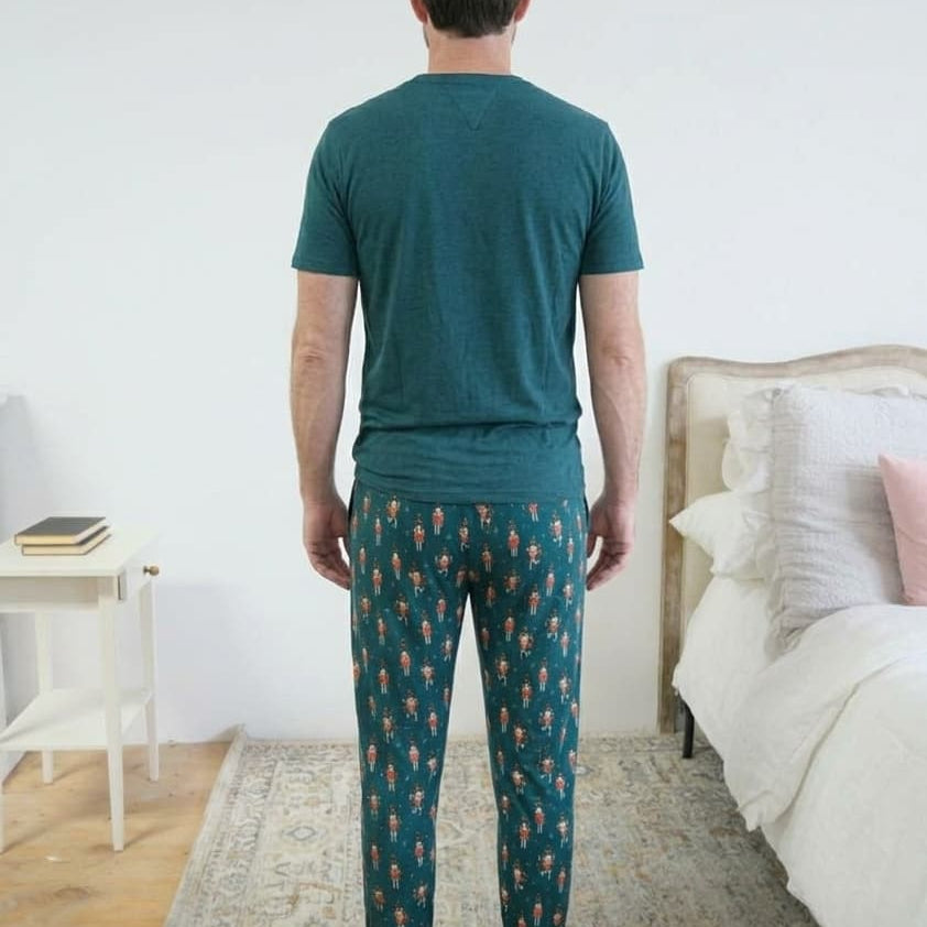 Bob's Sleepwear Co. Nutcracker Teal print swatch bamboo fabric — Cloud Nine Pajamas Edmonton