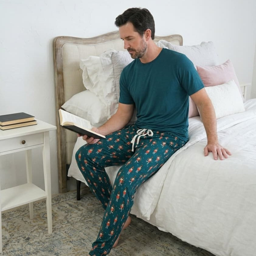 Bob's Sleepwear Co. Nutcracker Teal Bamboo Jogger Pant lifestyle on model — Cloud Nine Pajamas Edmonton