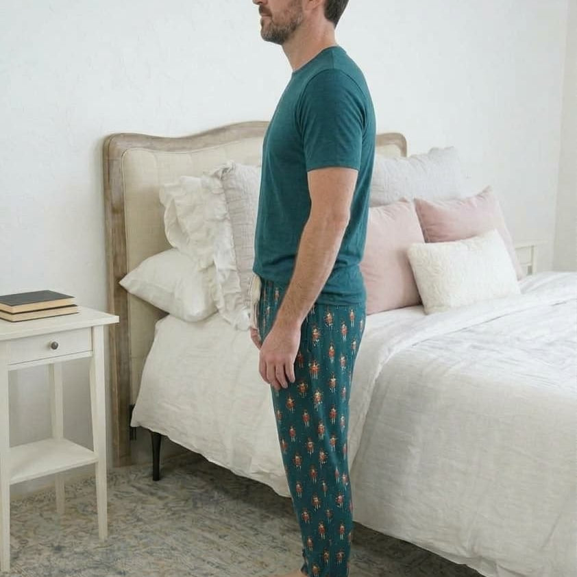 Bob's Sleepwear Co. Nutcracker Teal Bamboo Jogger Pant side view showing deep pockets — Cloud Nine Pajamas Edmonton
