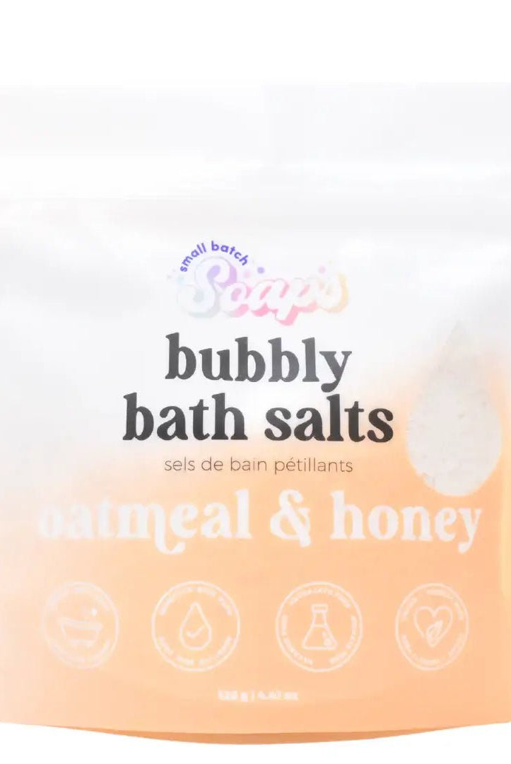 Oatmeal & Honey Bubbly Bath Salts Mini Bag 120g with soothing bubble effects and mineral benefits.