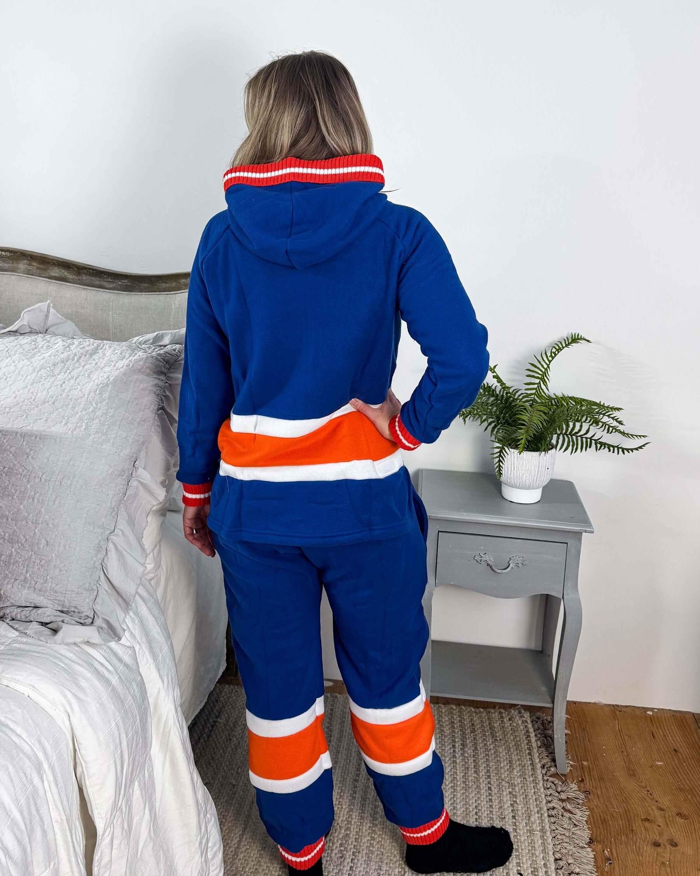 Edmonton Oilers Unisex Hockey Onesie Fleece | Hockey Sockey back view classic blue and orange