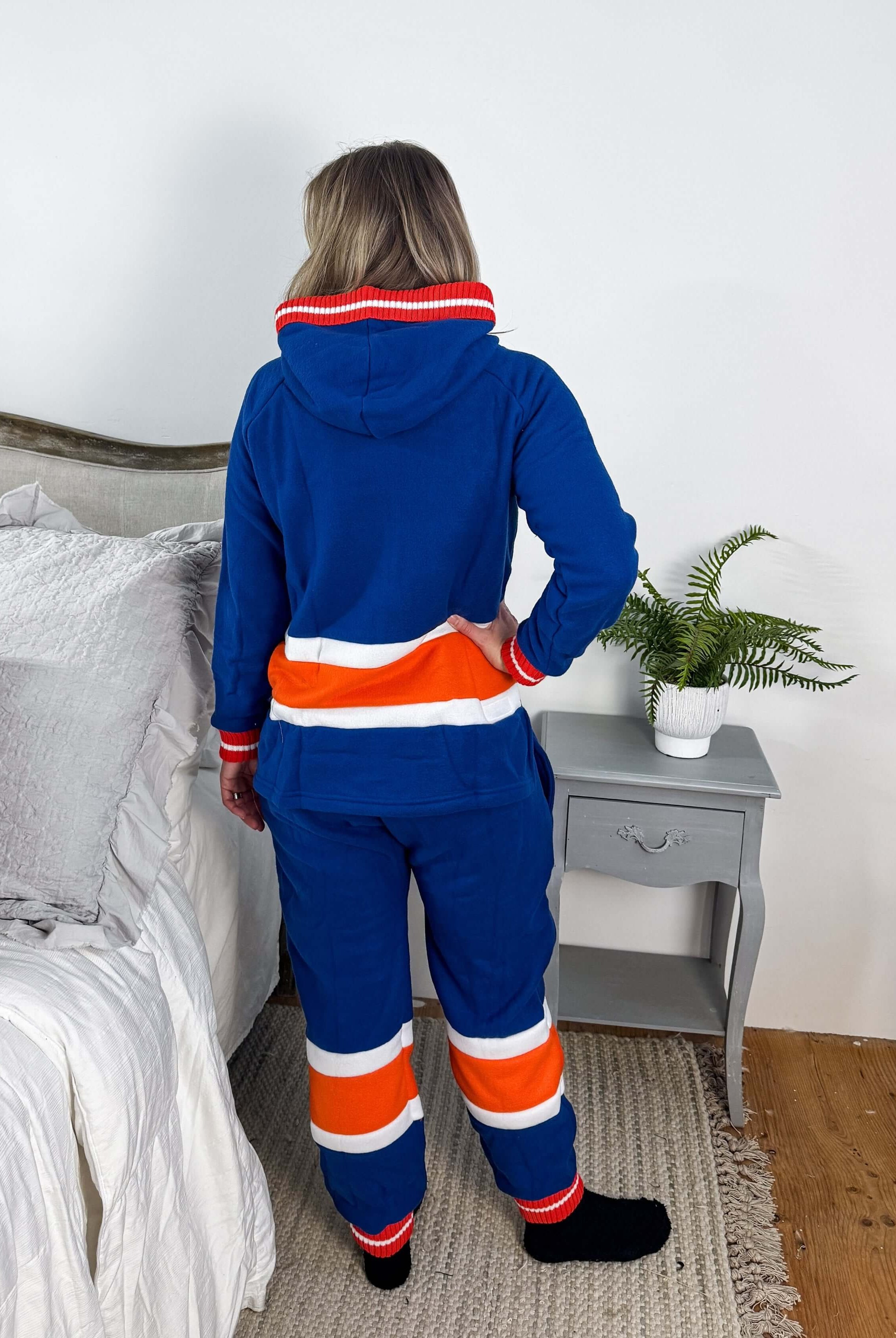 Edmonton Oilers Unisex Hockey Onesie Fleece | Hockey Sockey back view classic blue and orange