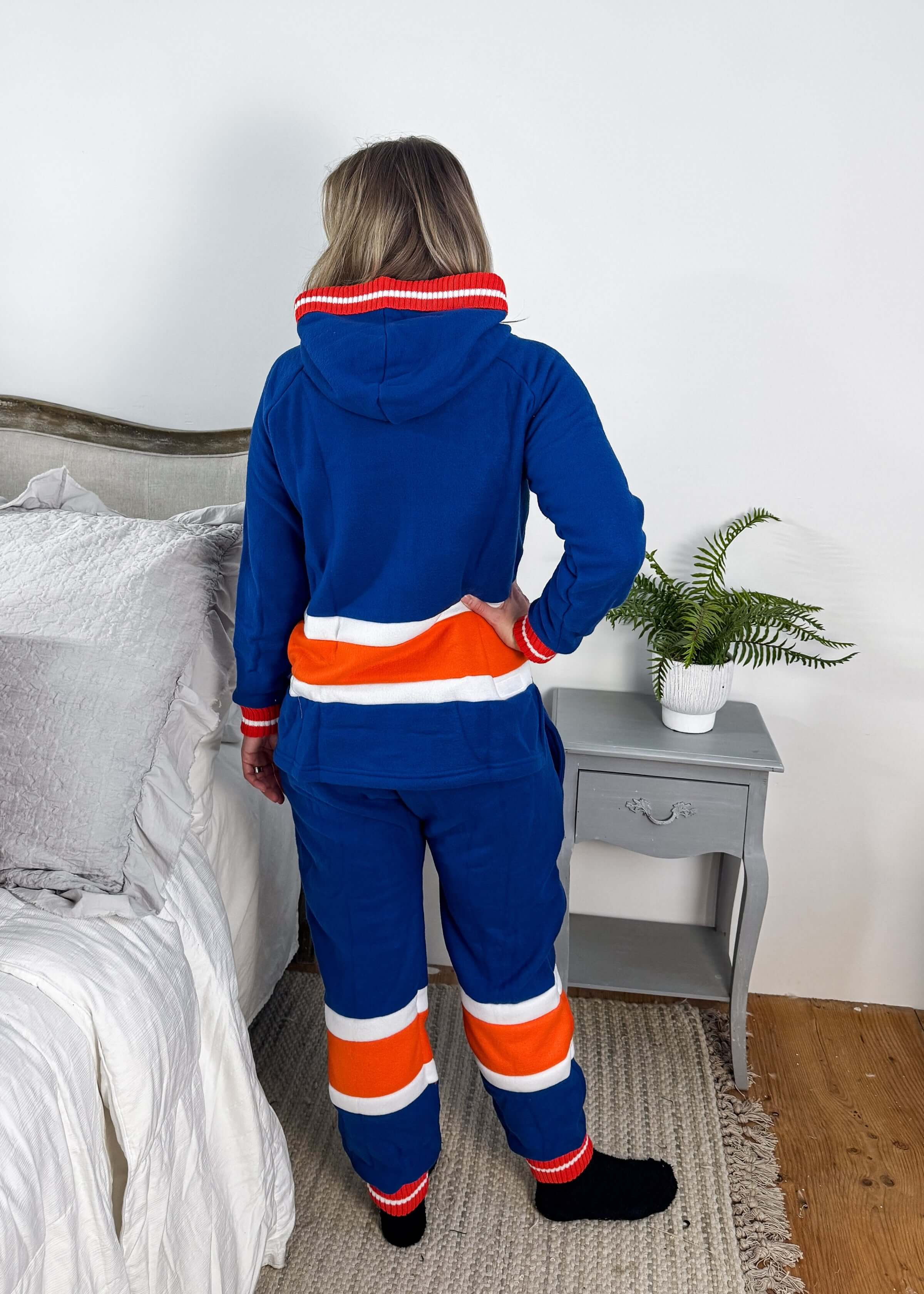 Edmonton Oilers Unisex Hockey Onesie Fleece | Hockey Sockey back view classic blue and orange