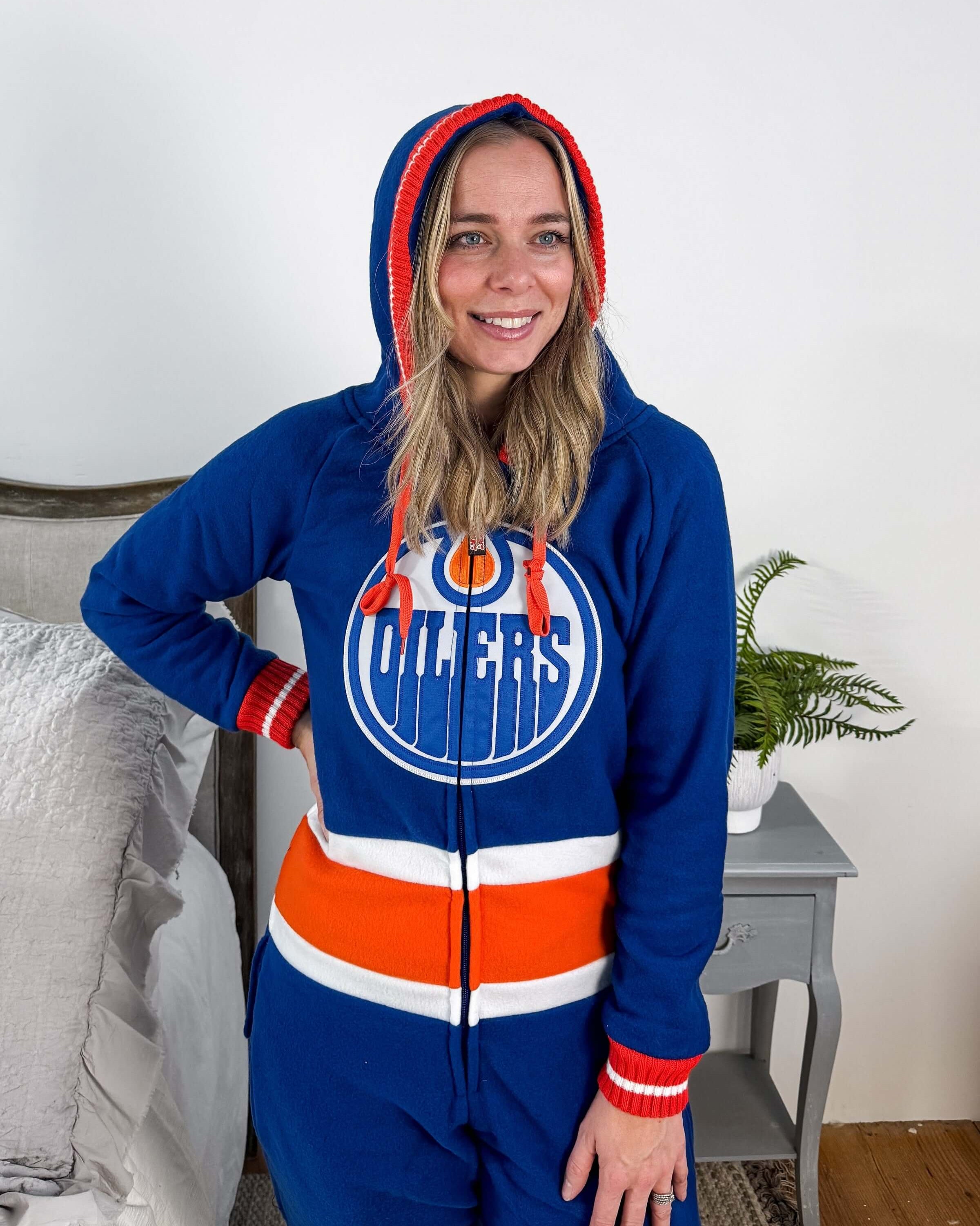 view with hood classic blue and orange Edmonton Oilers Unisex Hockey Onesie Fleece | Hockey Sockey