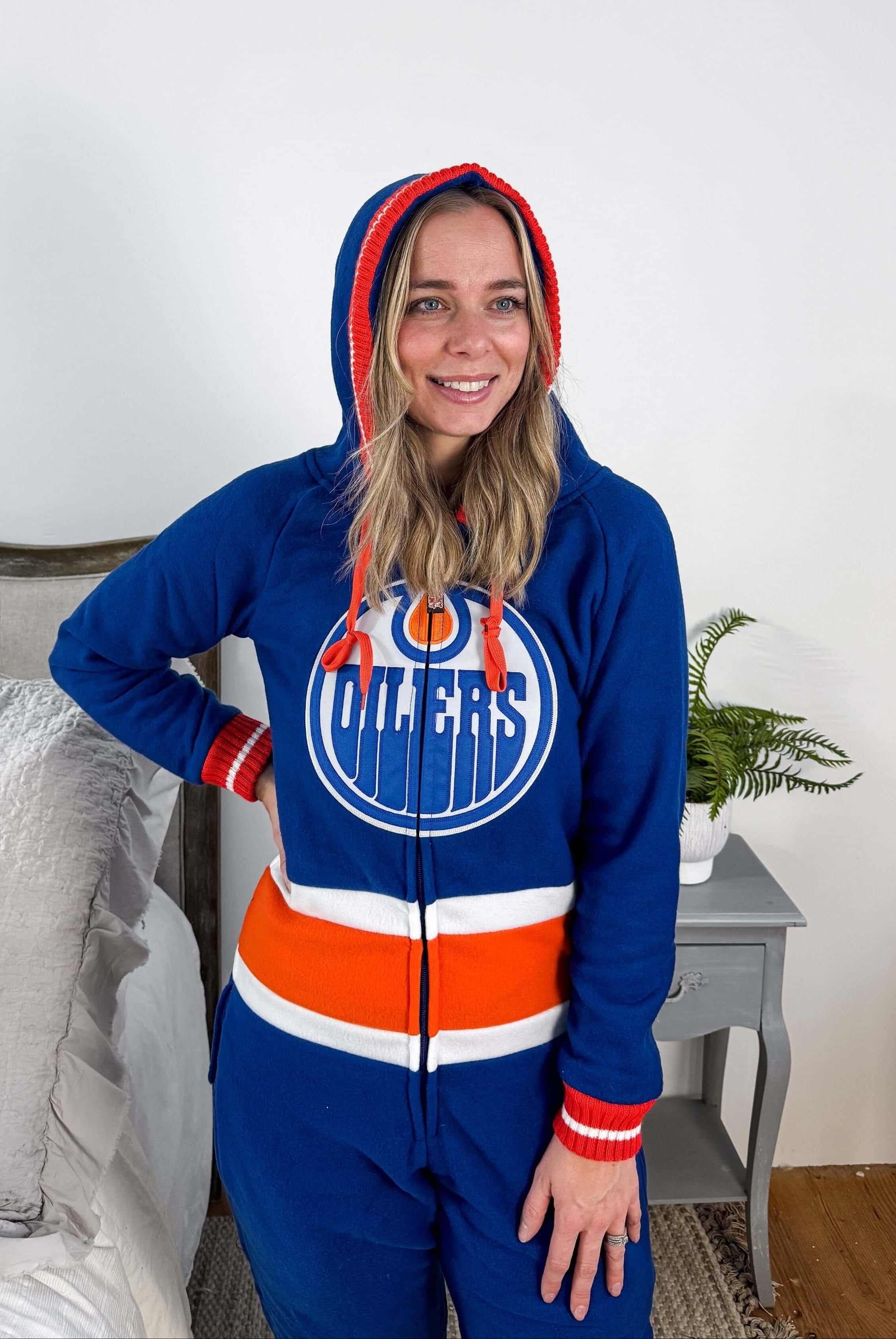 view with hood classic blue and orange Edmonton Oilers Unisex Hockey Onesie Fleece | Hockey Sockey