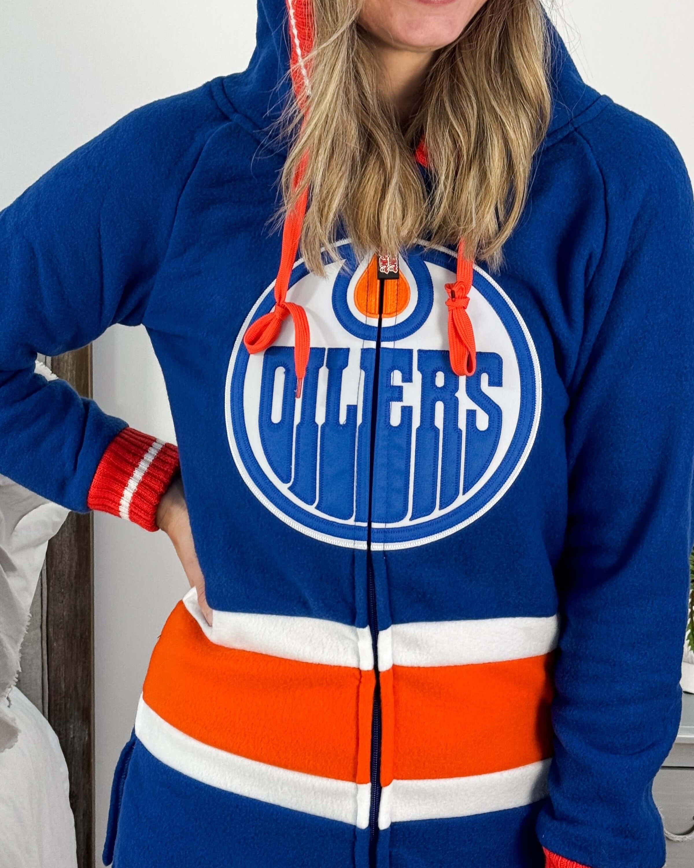 close up of logo Edmonton Oilers Unisex Hockey Onesie Fleece | Hockey Sockey