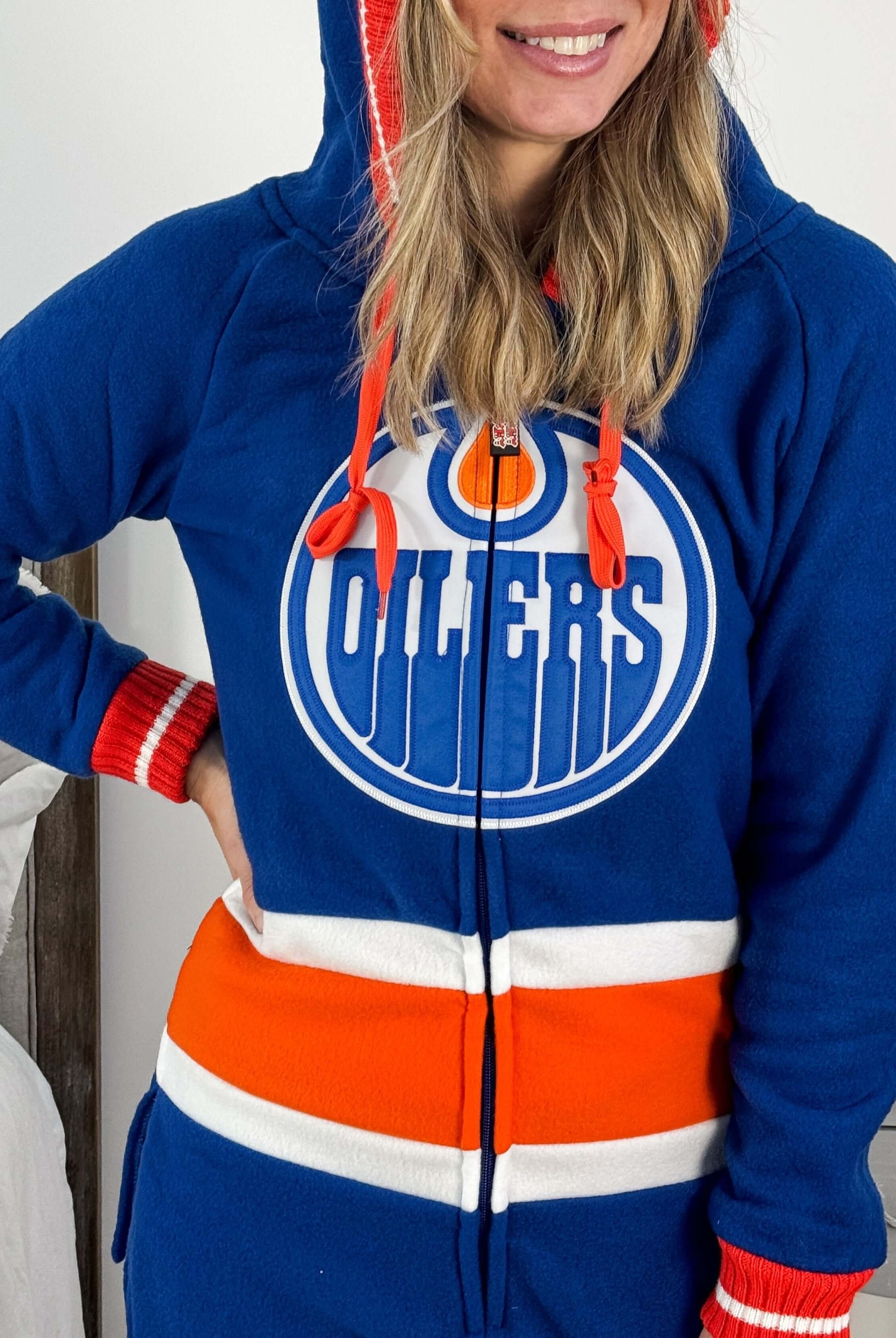 close up of logo Edmonton Oilers Unisex Hockey Onesie Fleece | Hockey Sockey