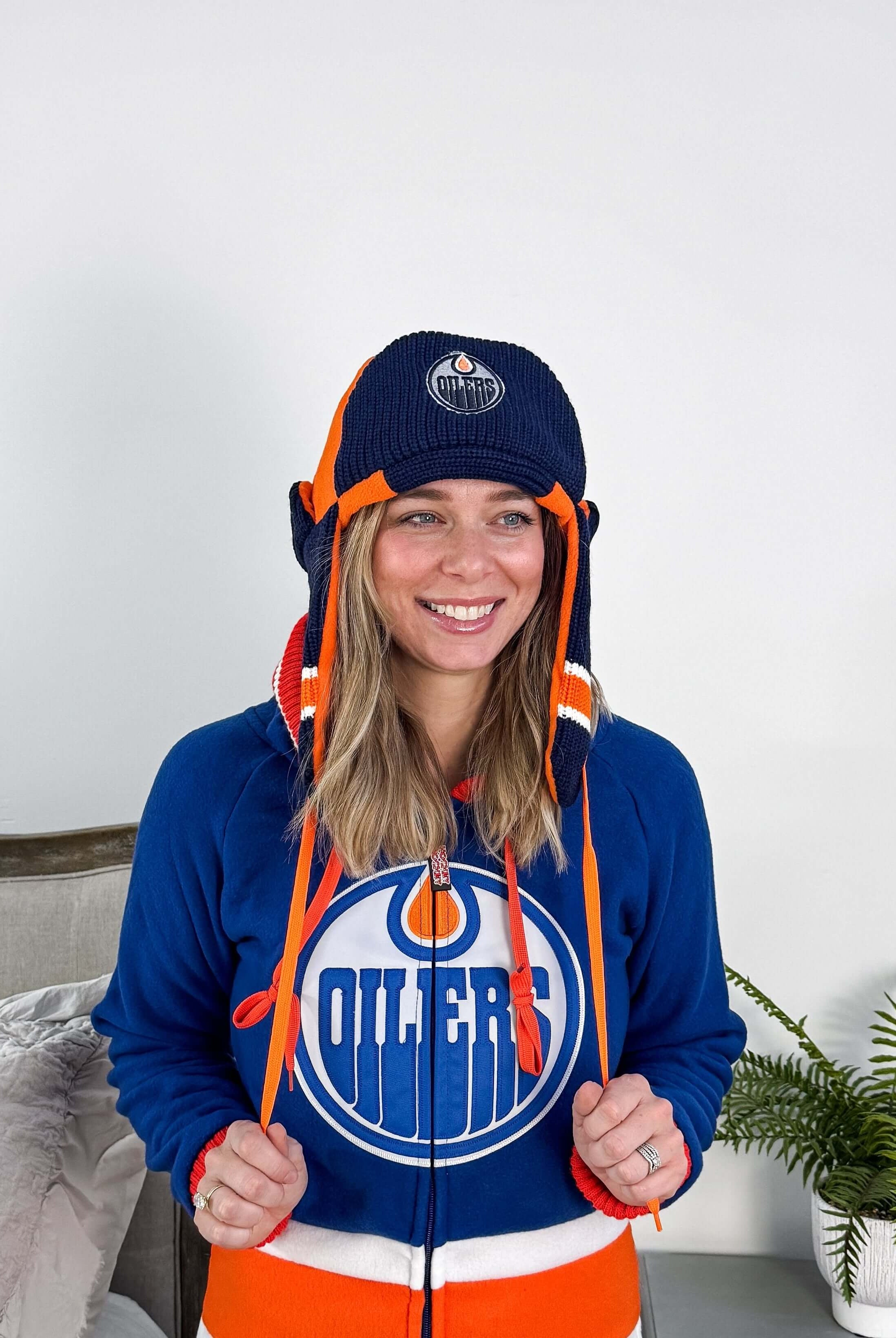 Pictures of Knit Side Oilers NHL Reversible Unisex Trapper Hat Toque | Hockey Sockey