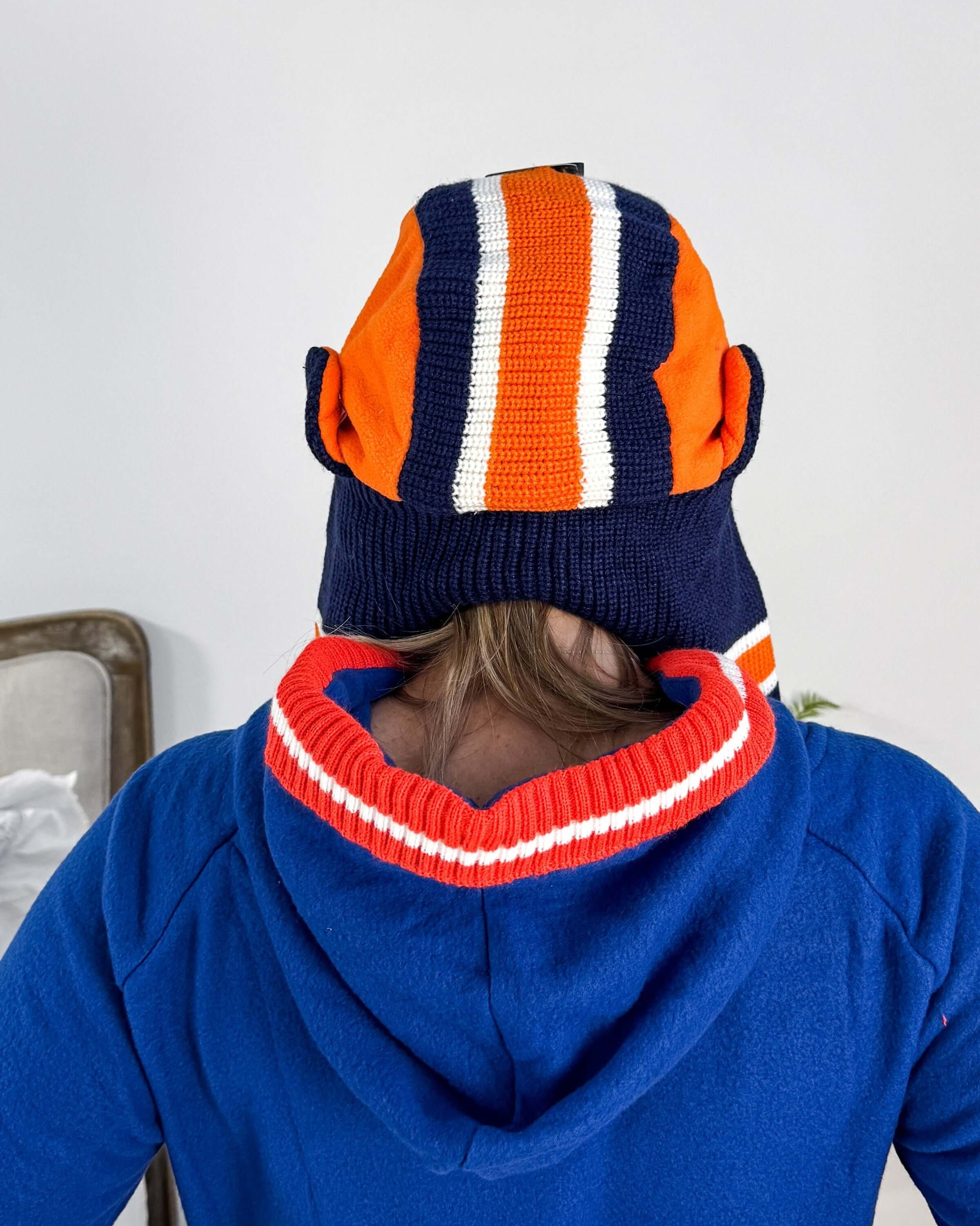picture of knit side Oilers NHL Reversible Unisex Trapper Hat Toque | Hockey Sockey