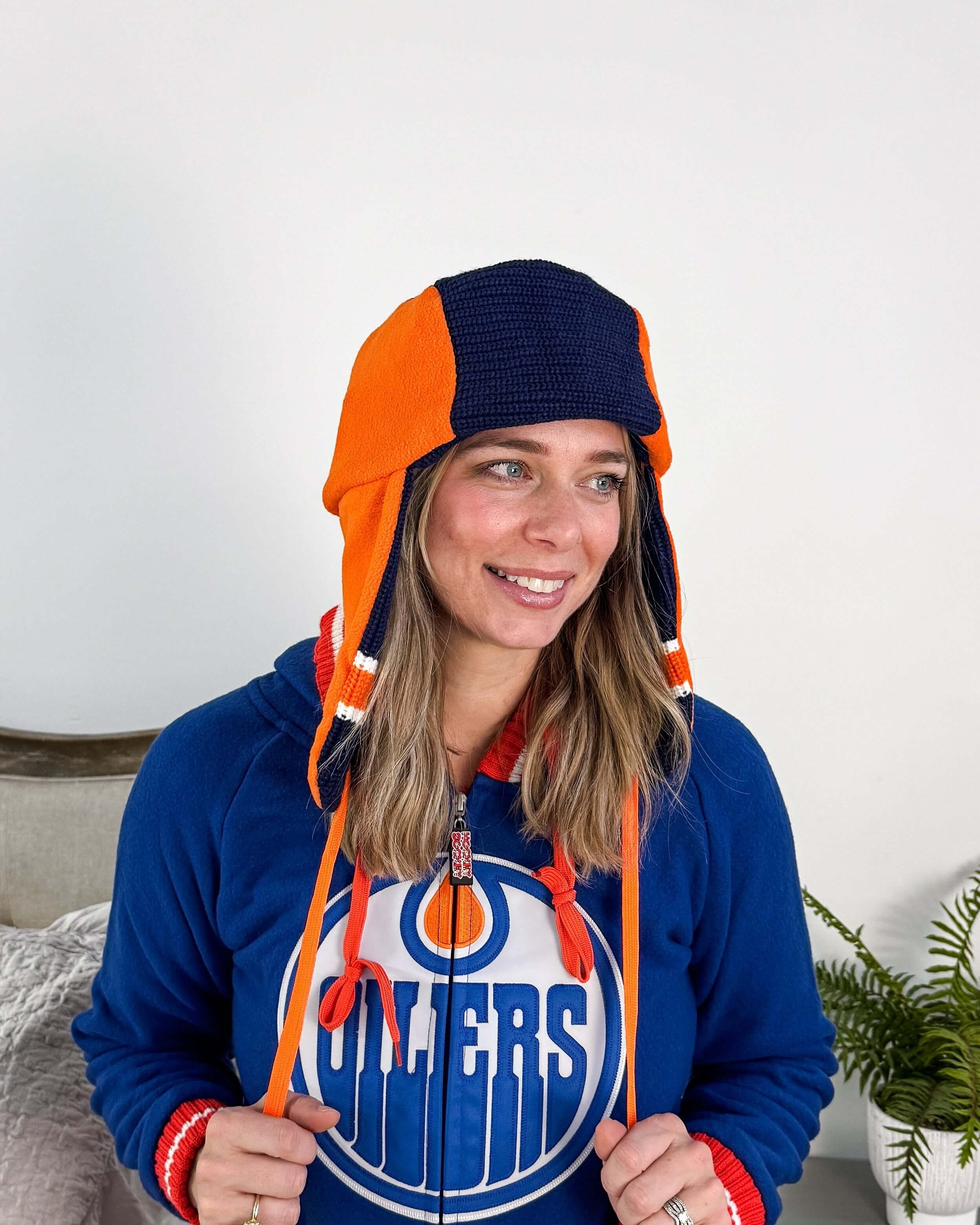 reverse side picture Oilers NHL Reversible Unisex Trapper Hat Toque | Hockey Sockey