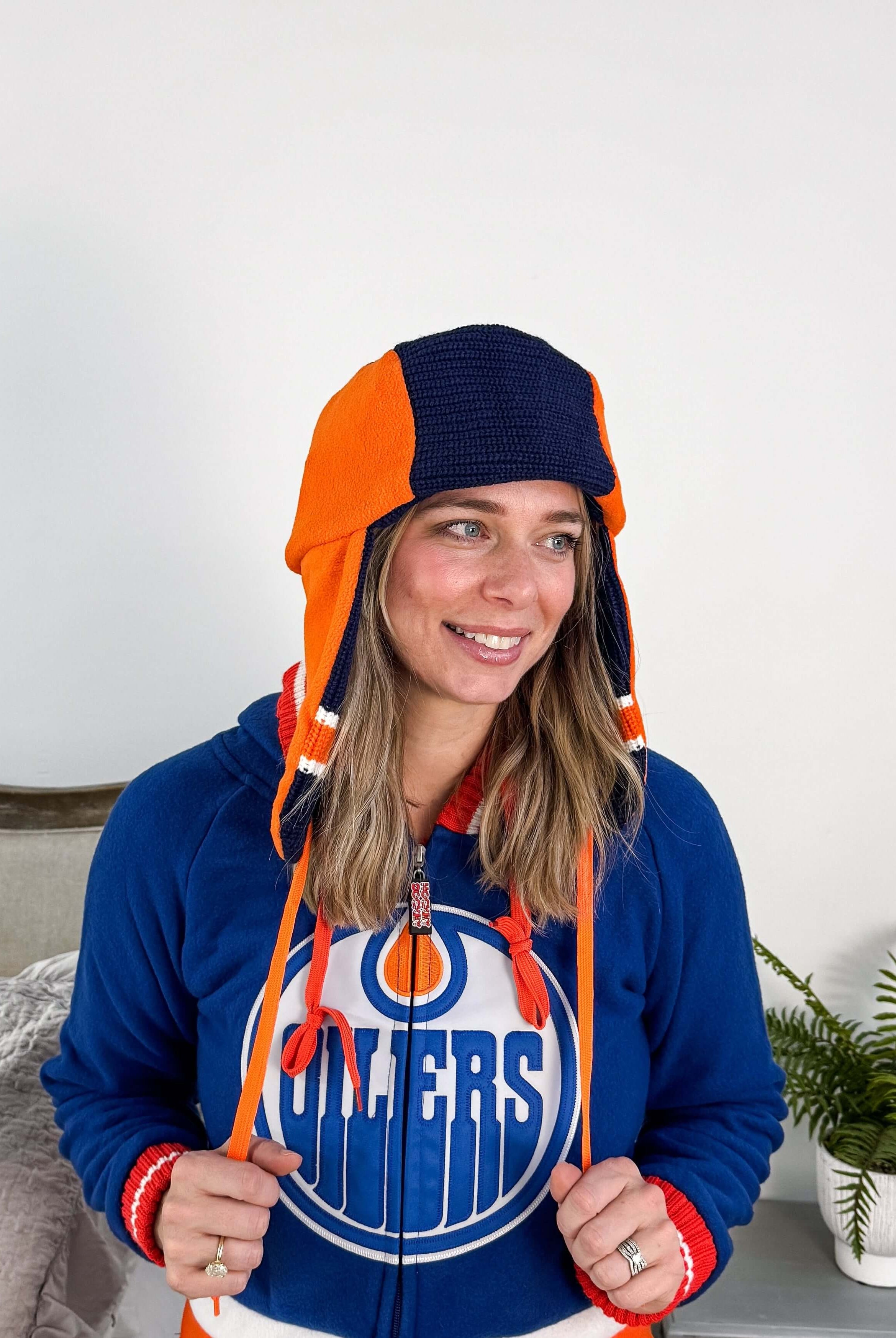 reverse side picture Oilers NHL Reversible Unisex Trapper Hat Toque | Hockey Sockey