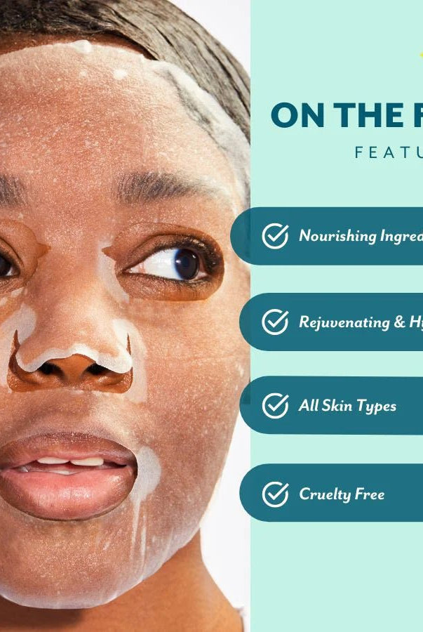 Person wearing a face mask with 'On the Fly' branding and product features listed. Patchology On the Fly travel facial skincare kit carry on