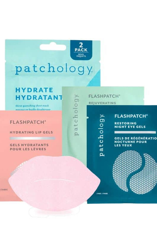 Patchology skincare products including masks and lip gels on a white background, Patchology On the Fly travel facial skincare kit carry on