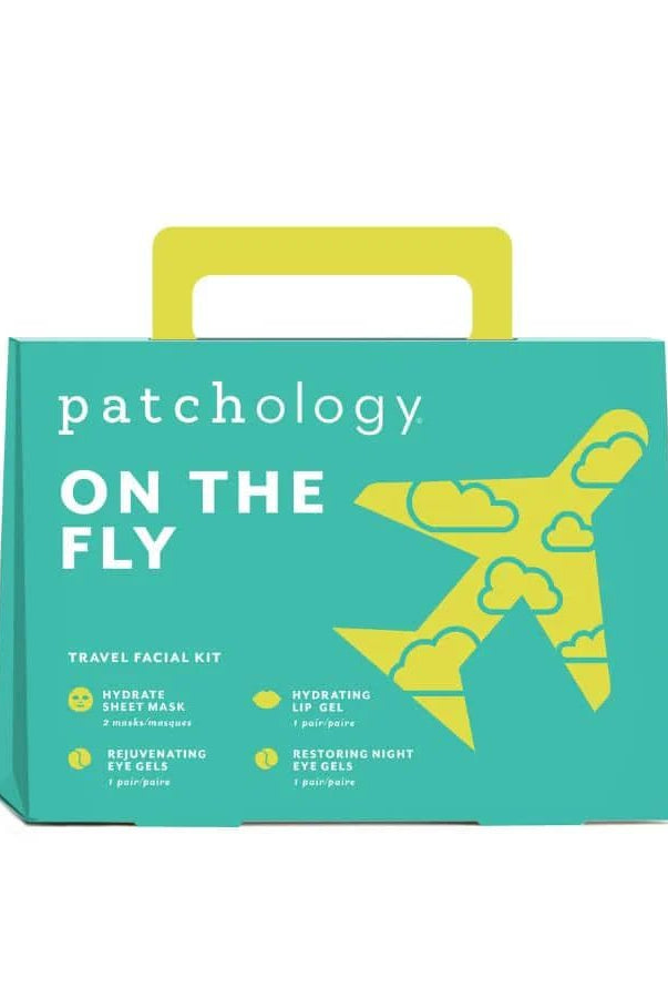 Product packaging for 'patchology on the Fly' with a teal background and yellow airplane graphic. Patchology On the Fly travel facial skincare kit carry on