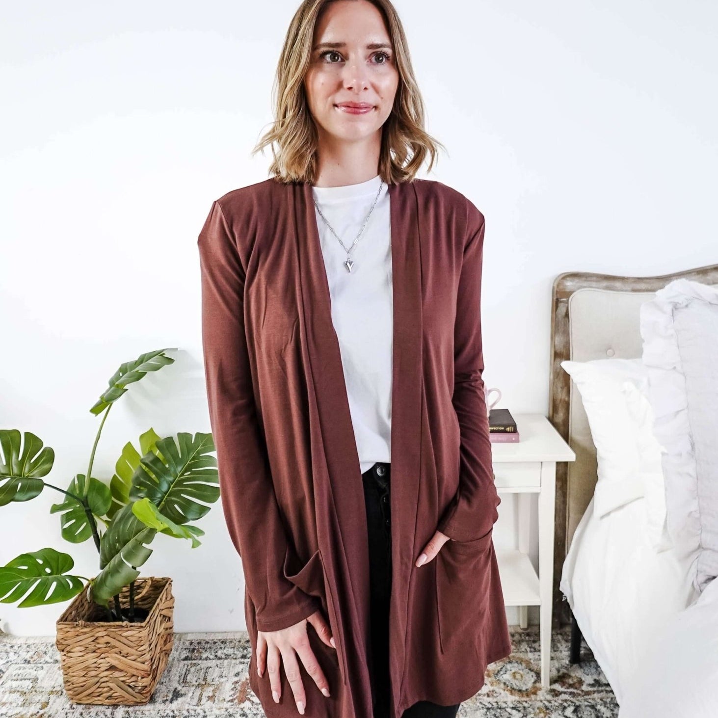 Woman wearing a brown cardigan in a bedroom setting Scarlett Ellie Summer Open Lightweight Cardigan | Cloud Nine Pajamas