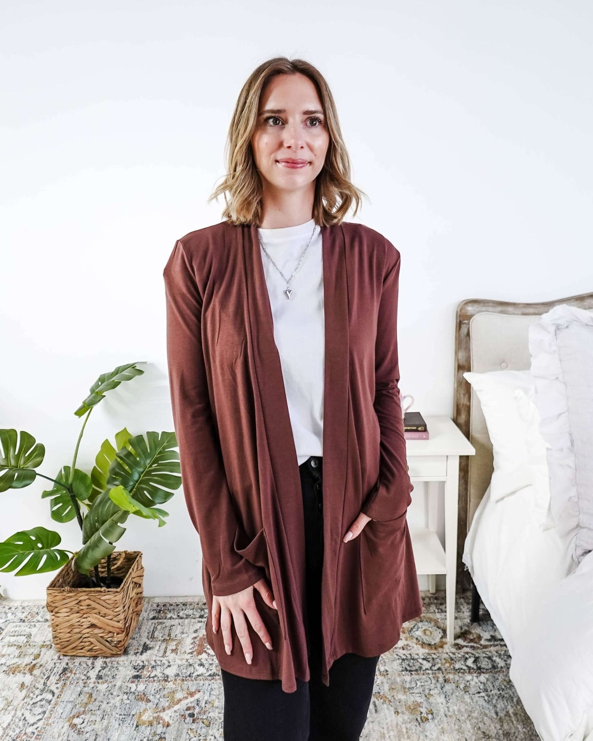 Woman wearing a brown cardigan in a bedroom setting Scarlett Ellie Summer Open Lightweight Cardigan | Cloud Nine Pajamas