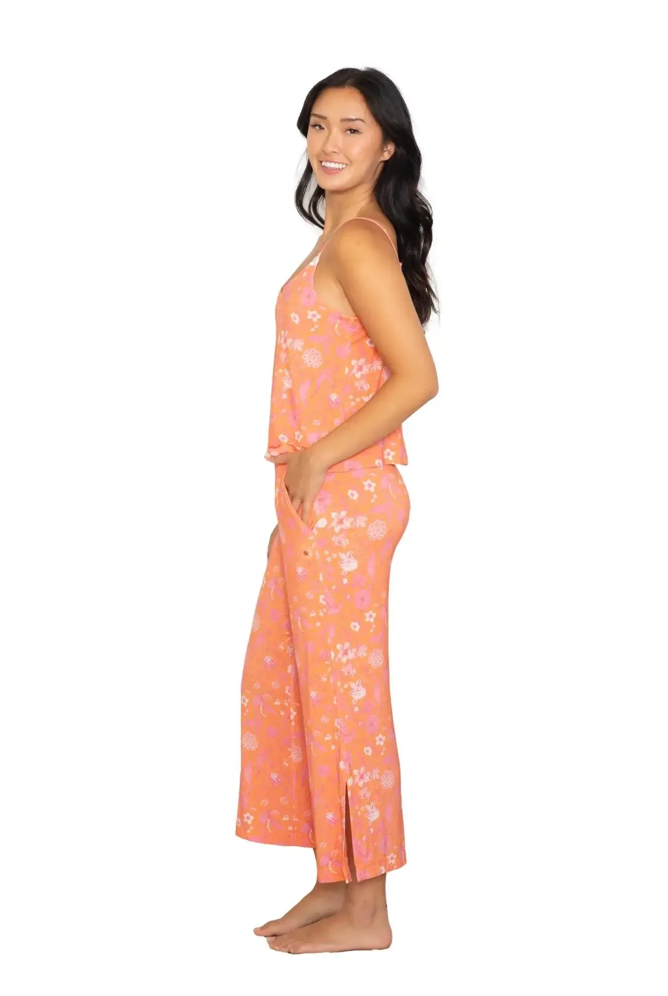 Cami & High Waist Capri PJ Set in floral design, model wearing relaxed fit pajama set for lounging.